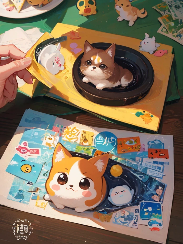 there are many different animals and words written in chinese, hand painted cartoon art style, art cover, kawaii cutest sticker ever, sticker illustration, by Shiba Kōkan, by Kōno Michisei, cute features, 中 元 节, by Gusukuma Seihō, stickers illustrations, cute characters