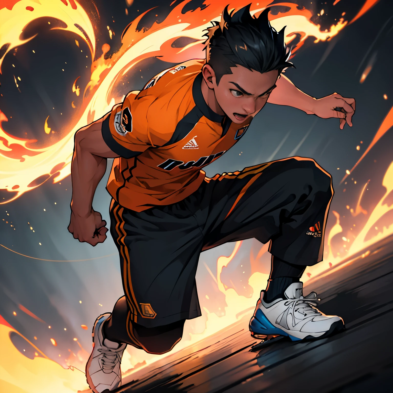 "A boy playing soccer, dribbling, emanating energy like flames from his feet. (best quality, highres), vibrant colors, dynamic motion, intense passion, intense focus, realistic details"