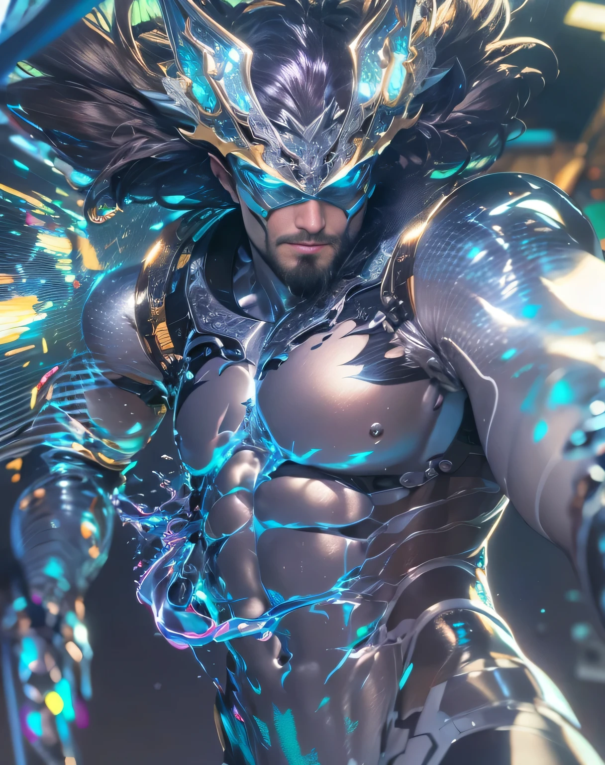 (mid_shot:1.3),(1 male:1.2),(muscle man:1.1),(frontal illumination:1.2),with a silver body and glitters with lights above,extreme iridescent reflection,in the style of vray tracing,vibrantmanga,shiny/ glossy,rococo pastel,fluid form,tinycore,fluid impressions,vray,machine aesthetics,yanjun cheng,silver,shiny eyes,fluidform.,the young warrior,male characteristics, detailed bulge, vpl, beard, bulge, nice bulge