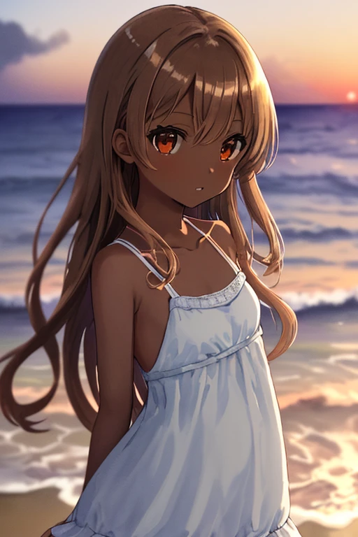 masterpiece, high quality, highres, A girl in a one-piece dress standing on the beach at duskm, The illustration is drawn in watercolor with a pastel color scheme, soft touch color, looking at viewer, portrait, face focus, collarbone, dark skin, very long brown hair, Each strand of hair is fine, hair between eyes, beautiful and delicate ((brown eye's)), eye's in highlight, catch light eyes, specular highlight eyes, parted_lips, white one-piece dress, okinawa, beach, sunset, magic hour, twilight, bokeh, Blurred Backgrounds, depth of field,