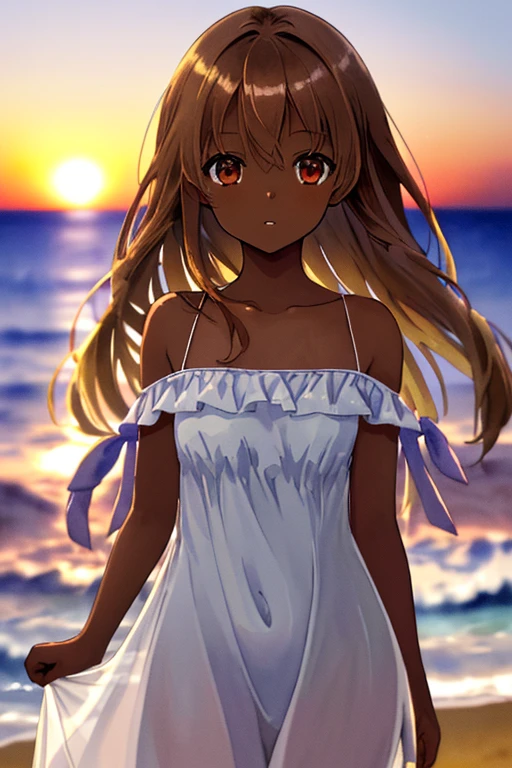 masterpiece, high quality, highres, A girl in a one-piece dress standing on the beach at duskm, The illustration is drawn in watercolor with a pastel color scheme, soft touch color, looking at viewer, portrait, face focus, collarbone, dark skin, very long brown hair, Each strand of hair is fine, hair between eyes, beautiful and delicate ((brown eye's)), eye's in highlight, catch light eyes, specular highlight eyes, parted_lips, white one-piece dress, okinawa, beach, sunset, magic hour, twilight, bokeh, Blurred Backgrounds, depth of field,