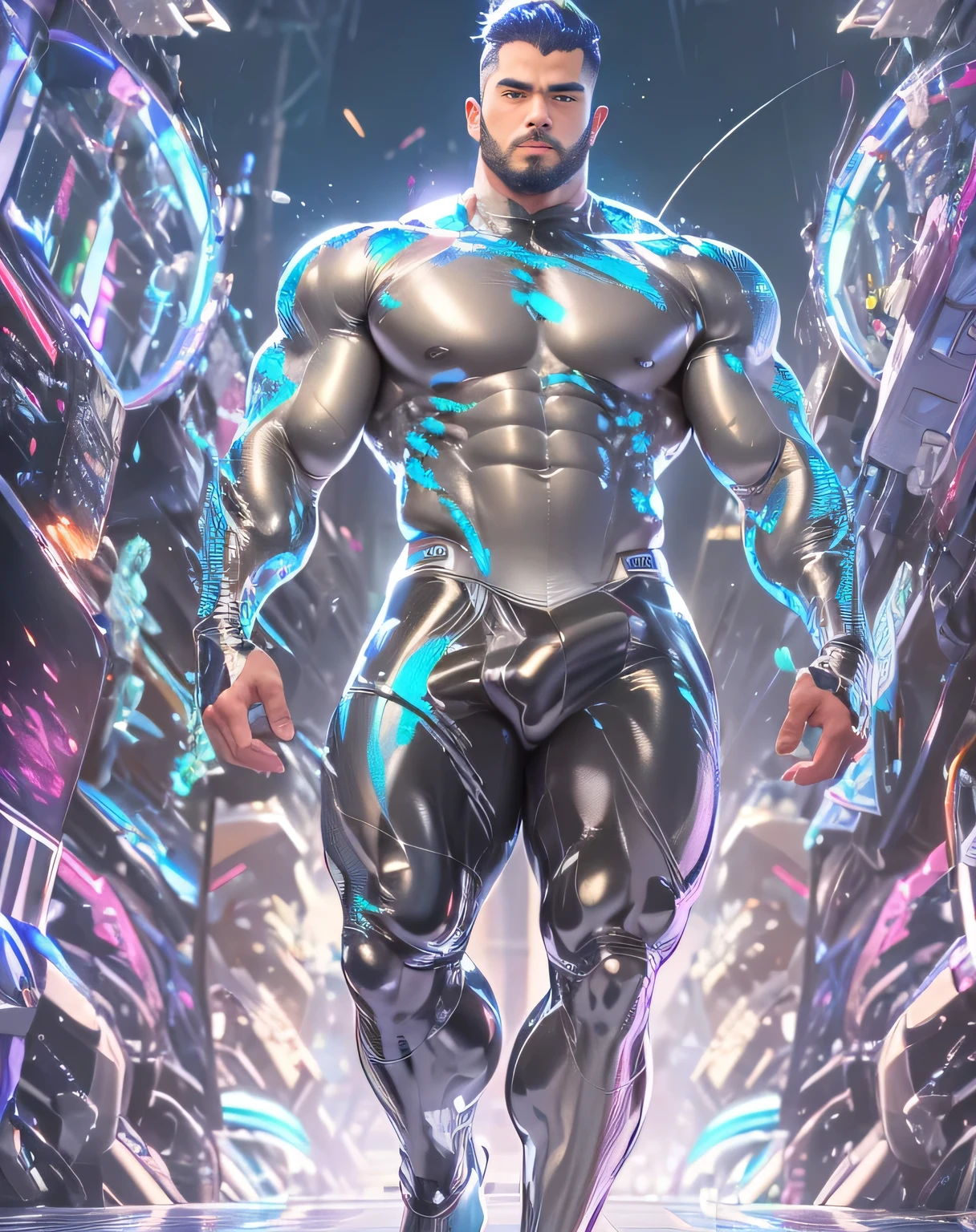 (mid_shot:1.3),(1 male:1.2),(muscle man:1.1),(frontal illumination:1.2),with a silver body and glitters with lights above,extreme iridescent reflection,in the style of vray tracing,vibrantmanga,shiny/ glossy,rococo pastel,fluid form,tinycore,fluid impressions,vray,machine aesthetics,yanjun cheng,silver,shiny eyes,fluidform.,the young warrior,male characteristics, detailed bulge, vpl, beard, bulge, nice bulge