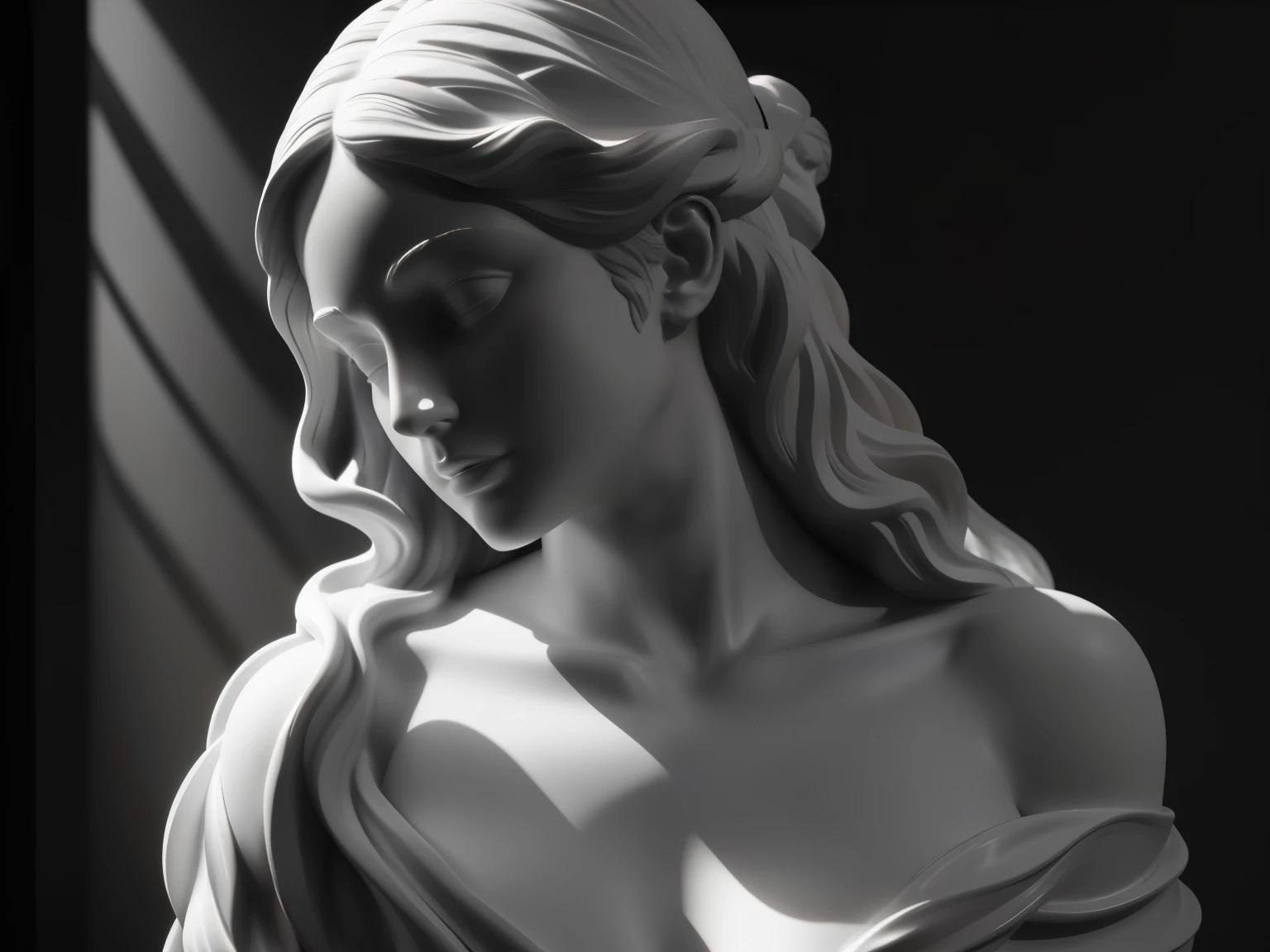 un primer plano de una estatua de una mujer con el pelo largo, Escultura realista de 8K Bernini, 3 d Diosa portrait, Diosa. detalle extremadamente alto, Estudio de luz, obra maestra. renderizado en licuadora, arte digital detallado en 3D, Arte sombreado en 3D, inspirado en Alexandre Cabanel, Cinematic Bust Portrait, 3 d carved marble sculpture, Arte Zbrush