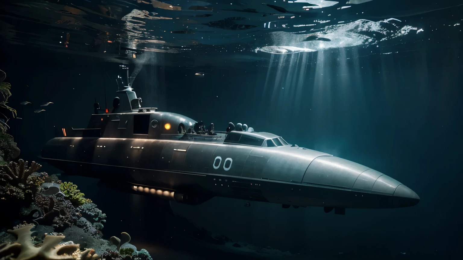 (best quality,highres),large attack submarine,length 70 meters,(realistic:1.37),
(displacement:2,500 tons),(beam:7 meters),sleek and streamlined body,deep blue ocean water,
powerful torpedo tubes,advanced sonar systems,high-tech control room,navigating through rough seas,
underwater stealth operations,underwater exploration,submerged and hidden from view,underwater propulsion system,
crisp and clear underwater visibility,underwater darkness illuminated by submarine lights,
submarine crew in uniform,operating the controls,detailed interior design,metallic surfaces,
military insignias and markings,submarine periscope,retractable antenna,futuristic design elements,
emerging from the depths,strong and sturdy construction,imposing presence in the ocean,
strategic missions,cutting through the waves,silent and invisible predator of the sea.