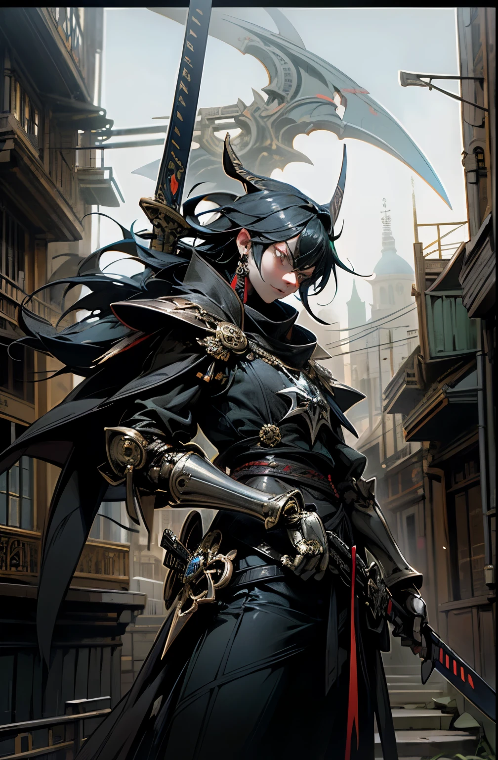 Dark gothic horror fantasy,ciberpunk futurista,(samurai sword, scythe blade, bandera de guerra sashimono, negro:1.1),1 hombre,Mechanical Marvel,Robotic presence,Cyber Warrior Guardian, wear a worn mechanical suit, incredibly complex metal [oxidado]), elegancia perfecta, Enfoque claro, Photography by Greg Rutkowski, cinematic lighting, Colores vibrantes, OBRA MAESTRA PERFECTA, ((calle)), tiro de vaquero, extremely dynamic pose, flores de cerezo ondeando al viento, Post-apocalyptic gothic feudal Japan background