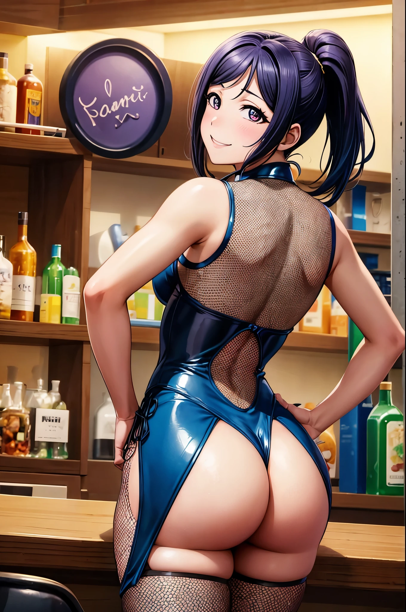 masterpiece, best quality, highres, smile, matsuura kanan, ponytail, in bar, standing,looking back at viewer, sexy,fishnet bodysuit, leotard, from behind, cowboy shot,(solo),neck collar,skin tight,(exposed ass cheeks:1.2)