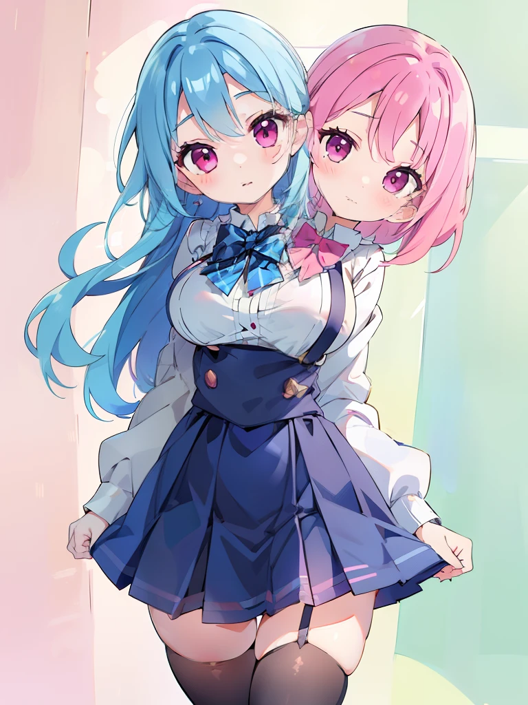 best quality, (masterpiece),(ultra-detailed), (high quality), (high resolution), ((2heads:1.5)), 1girl, ((blue hair)),((magenta pink hair)), black eyes,  black thighhighs, pleated skirt, plaid skirt, worker uniform, one side up, ((blue bow tie)), sweater, white shirt, hair scrunchie, miniskirt, cowboy shot, standing, ((toy factory background))