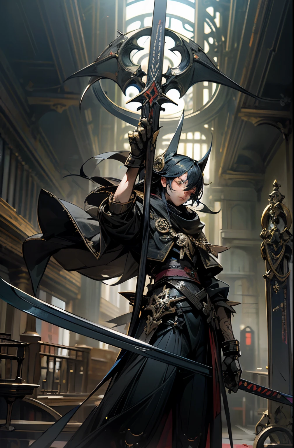 Dark gothic horror fantasy,ciberpunk futurista,(samurai sword, scythe blade, bandera de guerra sashimono, negro:1.1),1 hombre,Mechanical Marvel,Robotic presence,Cyber Warrior Guardian, wear a worn mechanical suit, incredibly complex metal [oxidado]), elegancia perfecta, Enfoque claro, Photography by Greg Rutkowski, cinematic lighting, Colores vibrantes, OBRA MAESTRA PERFECTA, ((calle)), tiro de vaquero, extremely dynamic pose, flores de cerezo ondeando al viento, Post-apocalyptic gothic feudal Japan background