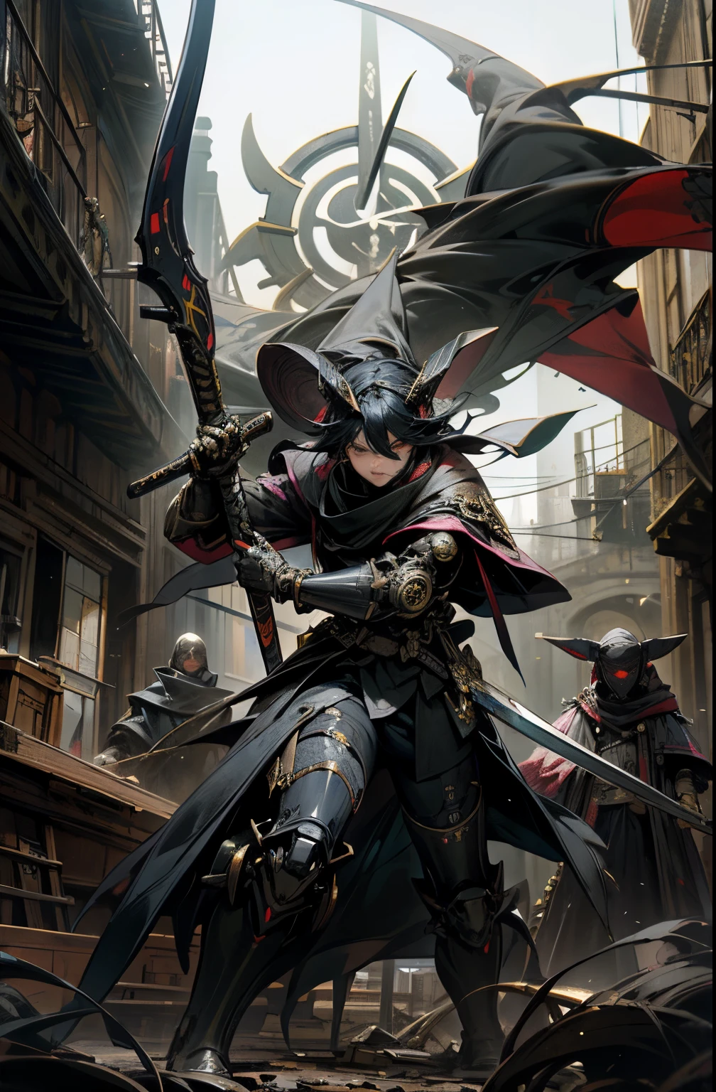 Dark gothic horror fantasy,ciberpunk futurista,(samurai sword, scythe blade, bandera de guerra sashimono, negro:1.1),1 hombre,Mechanical Marvel,Robotic presence,Cyber Warrior Guardian, wear a worn mechanical suit, incredibly complex metal [oxidado]), elegancia perfecta, Enfoque claro, Photography by Greg Rutkowski, cinematic lighting, Colores vibrantes, OBRA MAESTRA PERFECTA, ((calle)), tiro de vaquero, extremely dynamic pose, flores de cerezo ondeando al viento, Post-apocalyptic gothic feudal Japan background