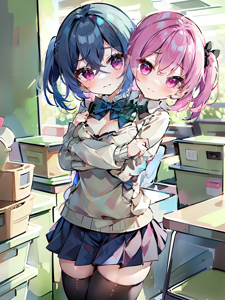 best quality, (masterpiece),(ultra-detailed), (high quality), (high resolution), ((2heads:1.5)), 1girl, ((blue hair)),((magenta pink hair)), black eyes,  black thighhighs, pleated skirt, plaid skirt, worker uniform, one side up, ((blue bow tie)), sweater, white shirt, hair scrunchie, miniskirt, cowboy shot, standing, ((toy factory background))