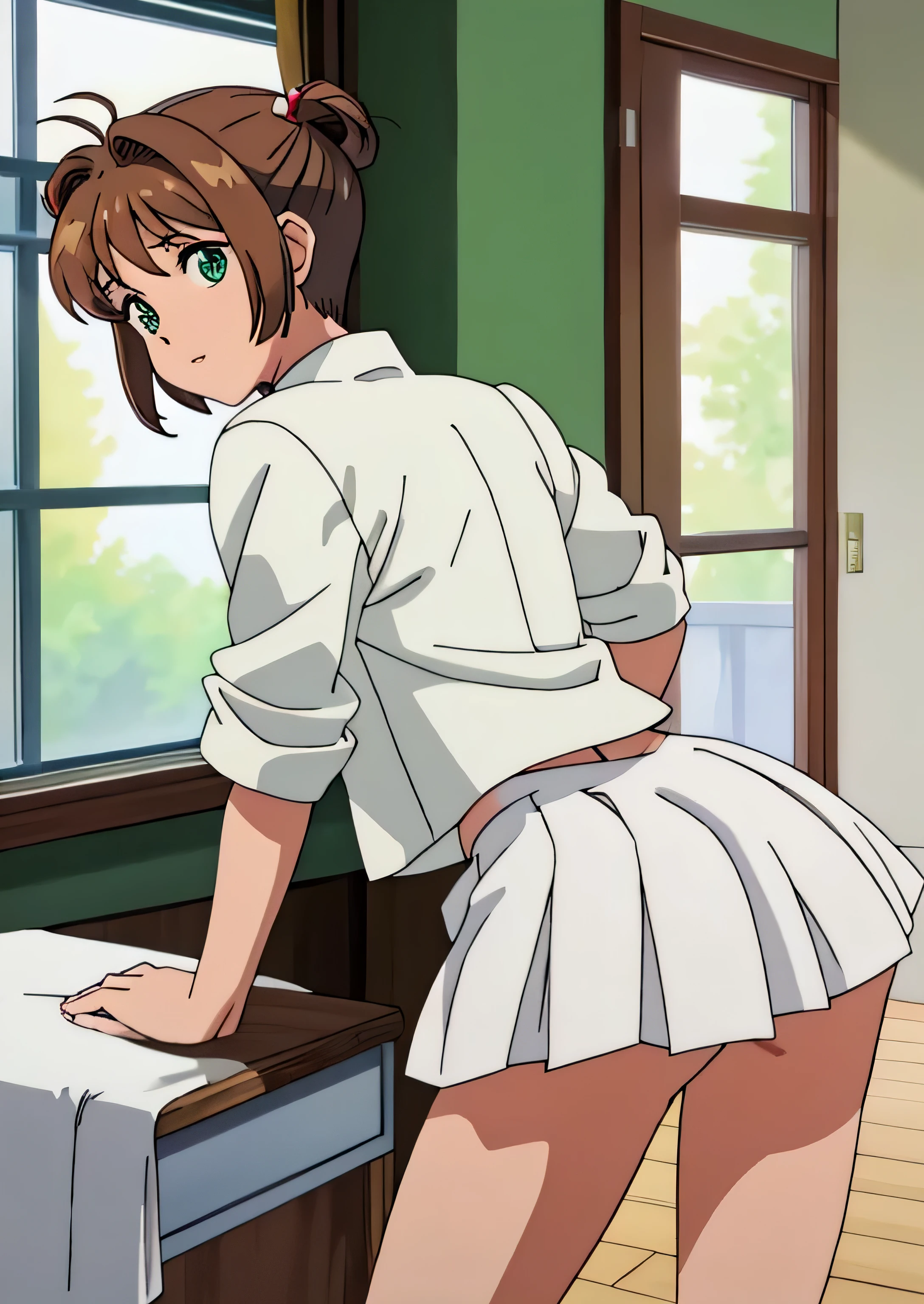 sakura kinomoto (obra maestra), ojos verdes, Short brown hair, piel blanca, Cuerpo hermoso perfecto, sakura kinomoto, minifalda blanca plisada, en postura de espalda, Show off your loot, sakua kinomoto, uniforme, cute booty without thong. (en el salon de clases),Loot Farm, Show off your loot, Falda arriba, buen culo ( en postura de espalda ) backward, gran culo (white pleated LIKE YOUR BOOT, buen culo