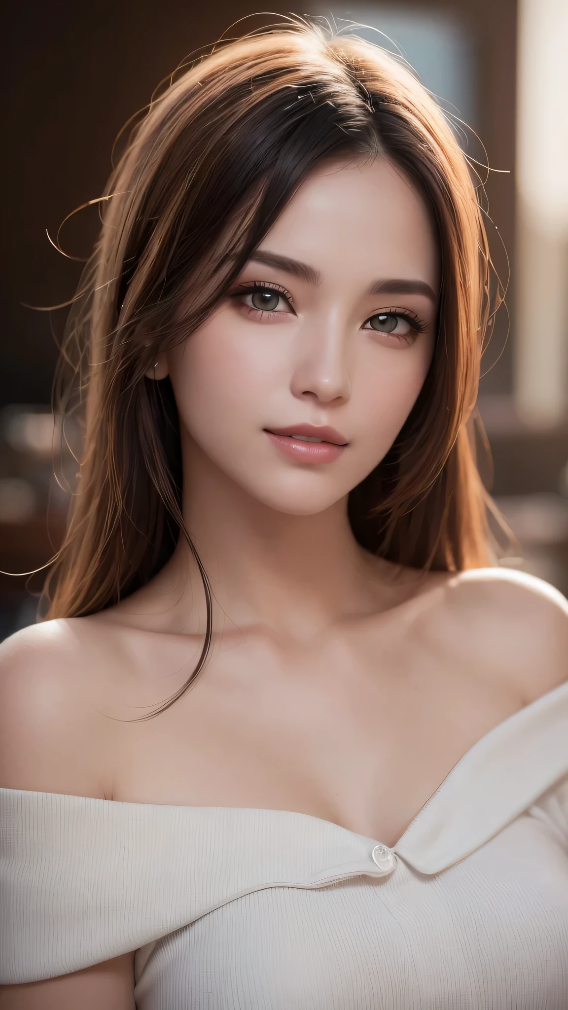 1woman, (Ultra realistic, high res), (highly detailed eyes, highly detailed hair, highly detailed face, highly detailed plump lips), (off shoulder), upper body, caute smile, (best quality:1.4), Raw photo, (realistic, photo-realistic:1.37), professional photography, cinematic light, (fine face: 1.2),