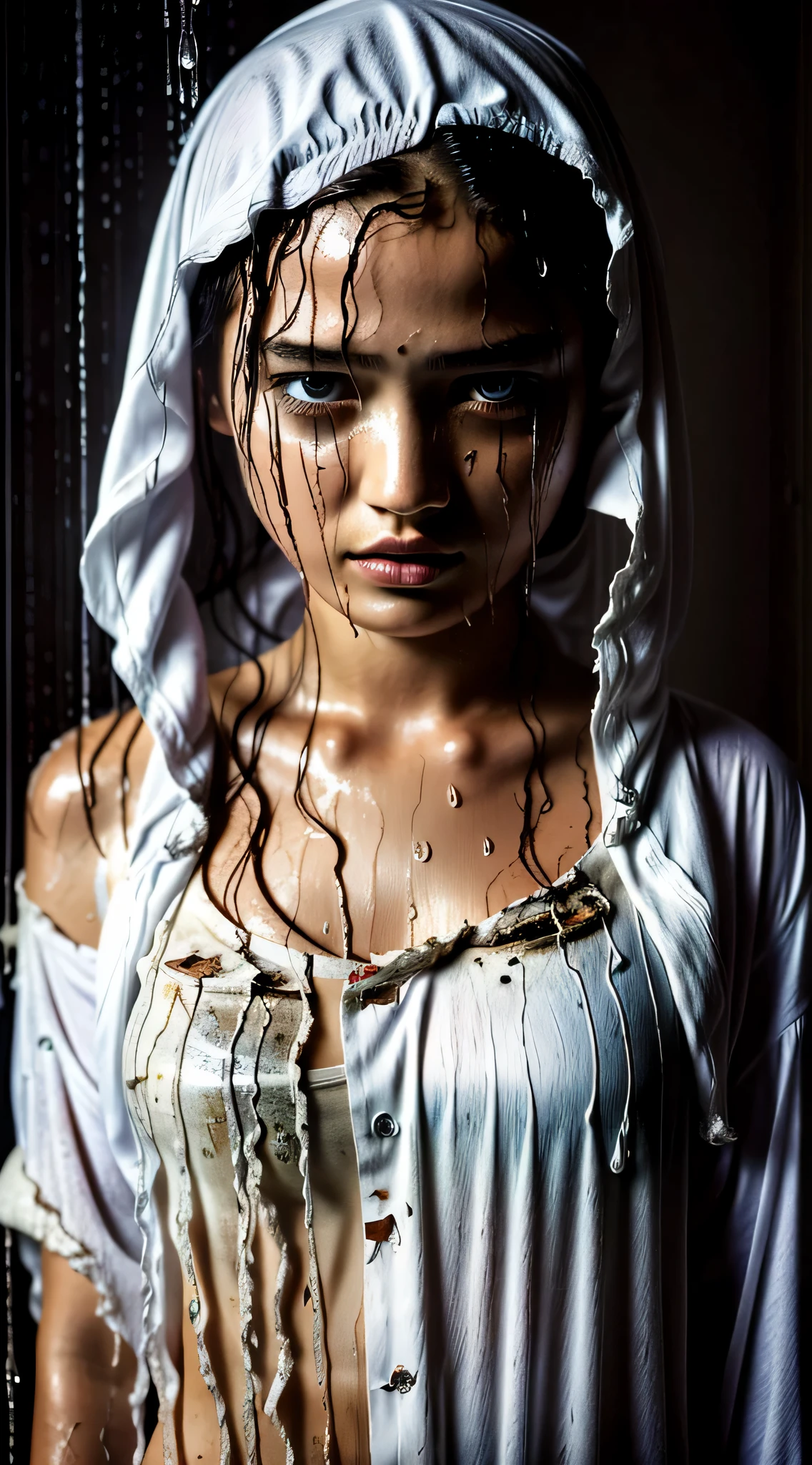 best image quality, masterpiece, ultra high resolution, (fidelity :1.4), photograph, 1 girl,[(sorrow)],white shirt, 薄dark, dark, Desperate, regret, pitiful, cinematic,tear,teardrop,(torn clothes:1.5), (wet clothes:1.4),  shoulders,real rain,wet hair,..