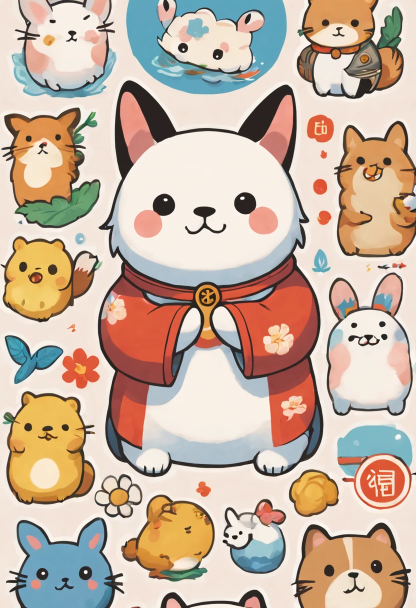 there are many different animals and words written in chinese, hand painted cartoon art style, art cover, kawaii cutest sticker ever, sticker illustration, by Shiba Kōkan, by Kōno Michisei, cute features, 中 元 节, by Gusukuma Seihō, stickers illustrations, cute characters, scifi