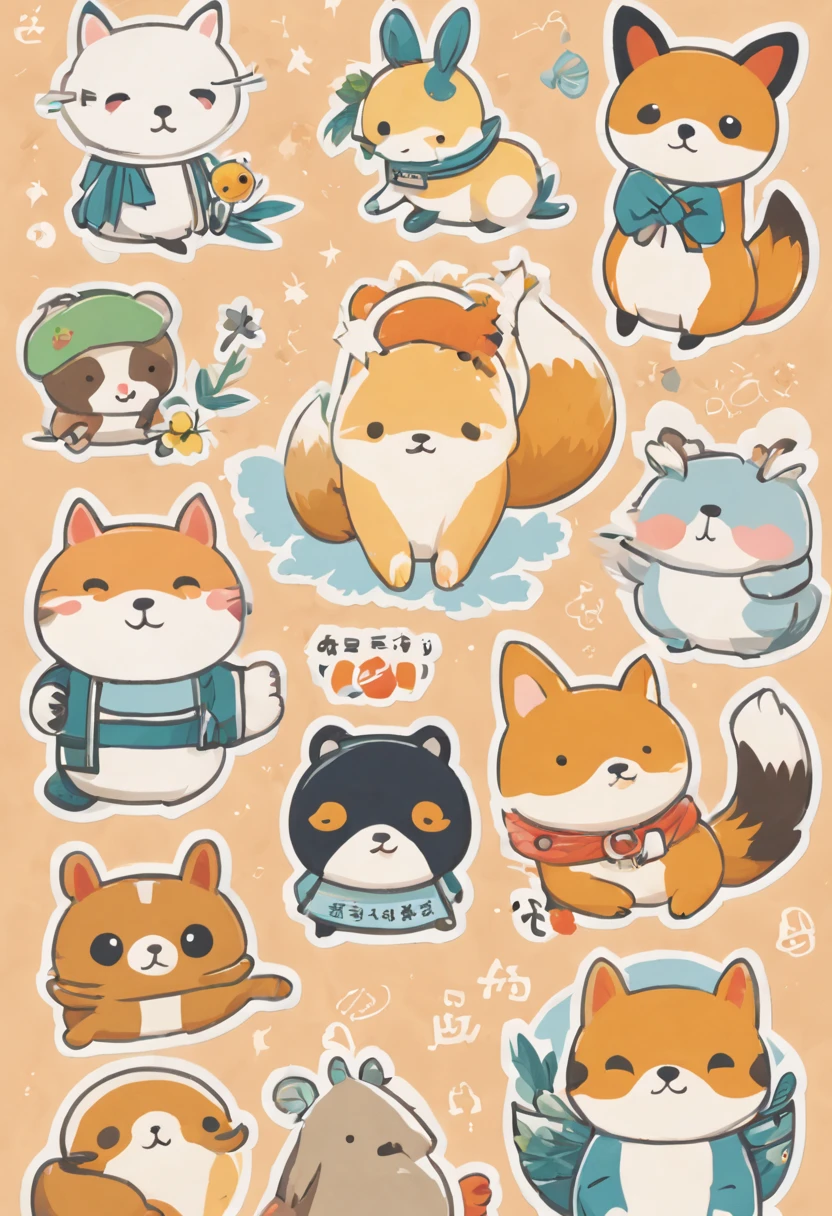 there are many different animals and words written in chinese, hand painted cartoon art style, art cover, kawaii cutest sticker ever, sticker illustration, by Shiba Kōkan, by Kōno Michisei, cute features, 中 元 节, by Gusukuma Seihō, stickers illustrations, cute characters, scifi
