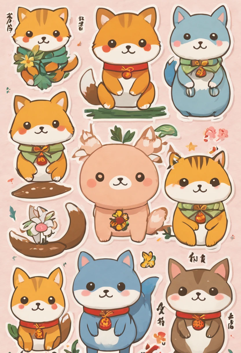there are many different animals and words written in chinese, hand painted cartoon art style, art cover, kawaii cutest sticker ever, sticker illustration, by Shiba Kōkan, by Kōno Michisei, cute features, 中 元 节, by Gusukuma Seihō, stickers illustrations, cute characters, scifi