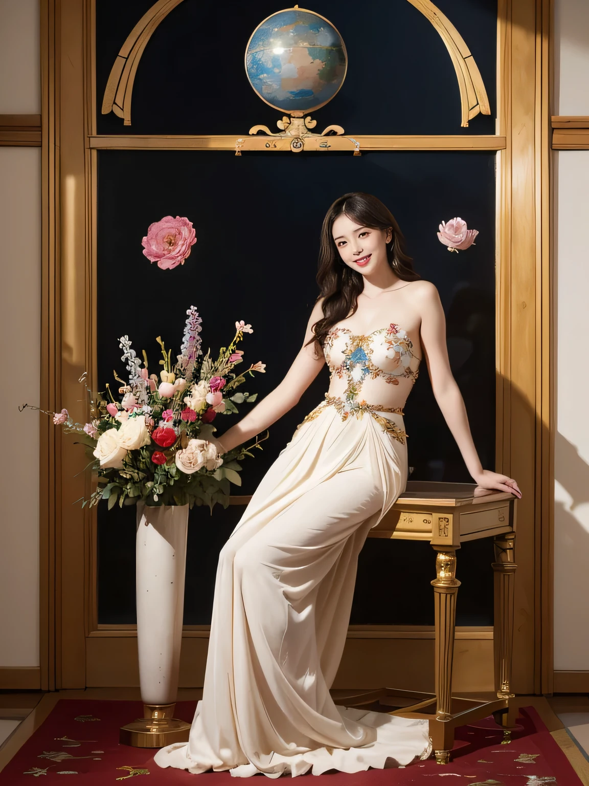 full body portrait or statue、Stained glass、Vigée Leblanc style、math、Astronomical machinery、astronaut、roses in vase、fruit、Cute trinkets、smile、ancient greek costume、Sandro Botticelli paintings、Clothes that stretch your shoulders、A big smile、beautiful bare skin、A detailed representation of the seducing woman throughout her body..、Japanese