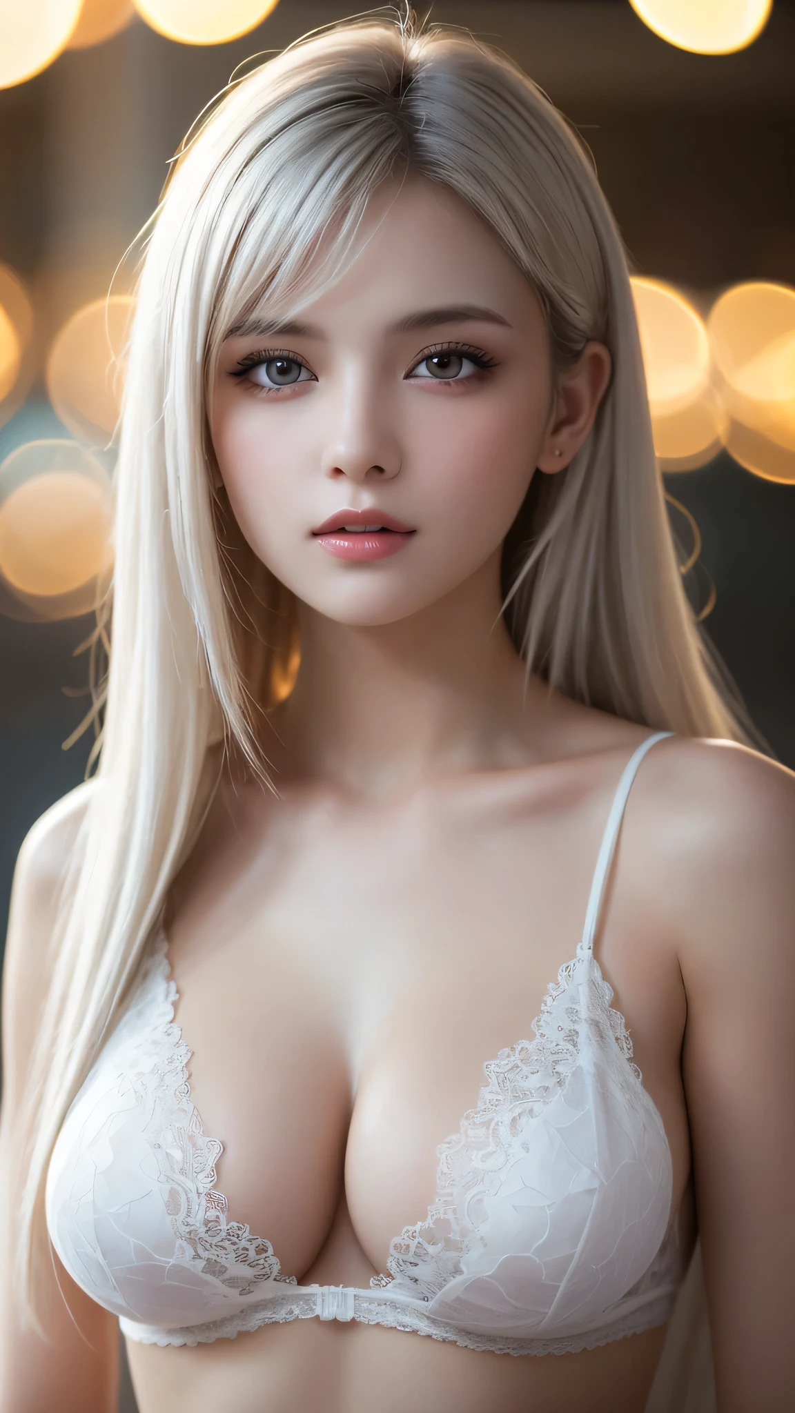 1 girl, (highest quality:1.4), (super detailed), (detailed light), (Highly detailed beautiful face), wonderful face and eyes, gray hair, Beautiful sheer lace details, beautiful breasts, nipple, Highly detailed CG integrated 8k wallpaper, High resolution raw color photos, professional photos, dynamic lighting, (((Bokeh))), Depth of bounds written