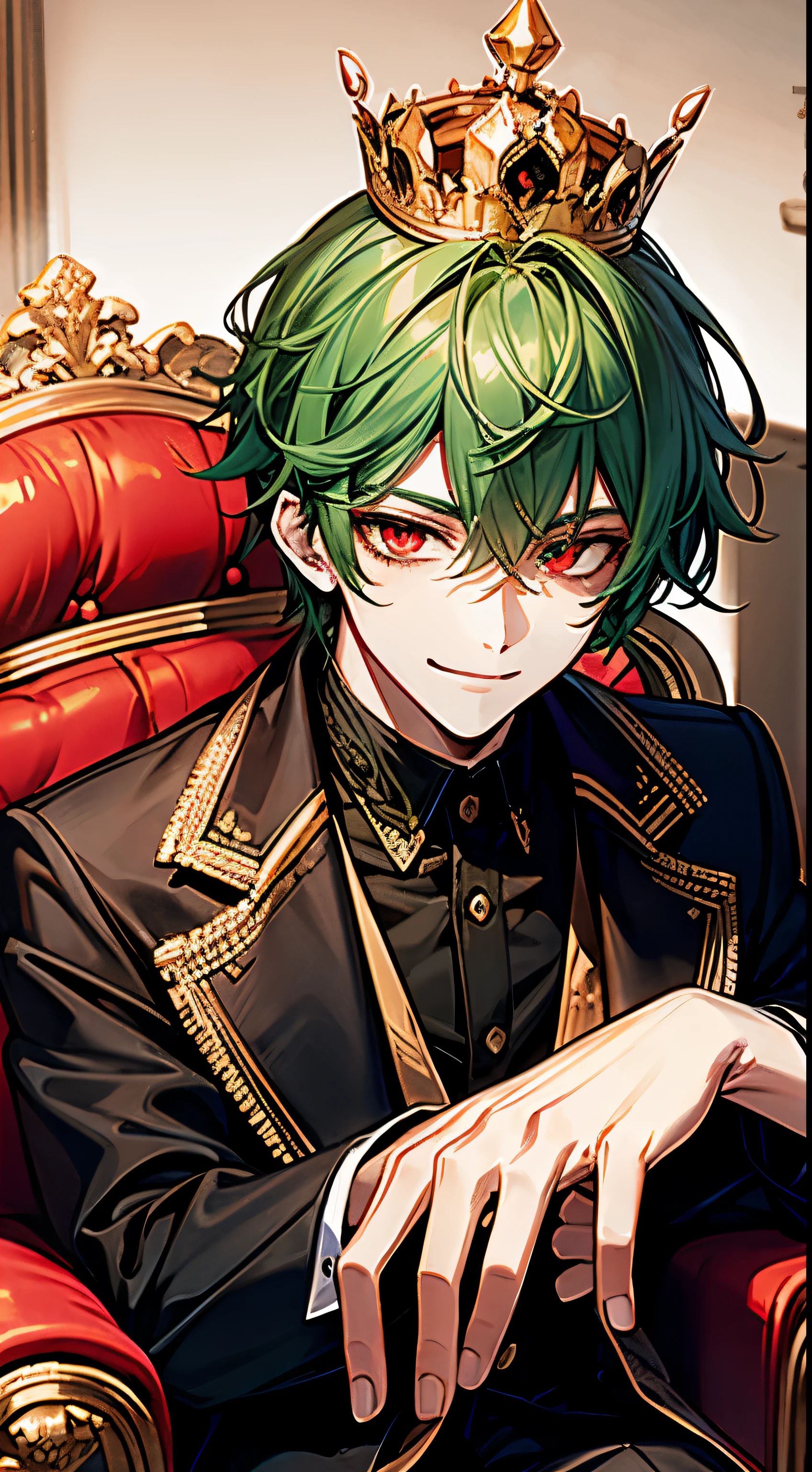 Green hair, red eyes, sitting on a throne, king, cocky smile, cool, mysterious, crown, male, close up, black suit