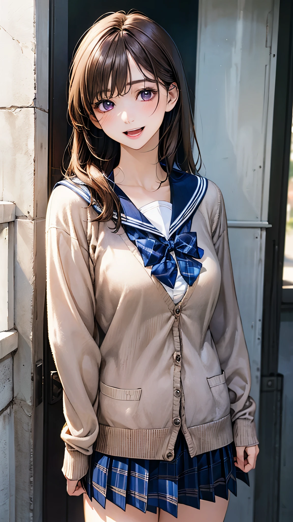 (masterpiece:1.2, top-quality), (realistic, photorealistic:1.4), beautiful illustration, (natural side lighting, movie lighting), 
looking at viewer, 1 girl, japanese, junior high school girl, 12 years old, perfect face, cute and symmetrical face, shiny skin, 
(long hair, straight hair, brown hair), swept bangs, purple eyes, big eyes, long eye lasher, (medium breasts:0.5), 
beautiful hair, beautiful face, beautiful detailed eyes, beautiful clavicle, beautiful body, beautiful chests, beautiful thigh, beautiful legs, beautiful fingers, 
((detailed cloth texture, (overly long sleeves light brown cardigan, closed cardigan), long sleeves blue cute sailor suit, blue pleated skirt, white sailor, blue plaid bow tai)), 
(beautiful scenery), evening, (riverside), standing, arm up, (cute, lovely smile, open mouth), 