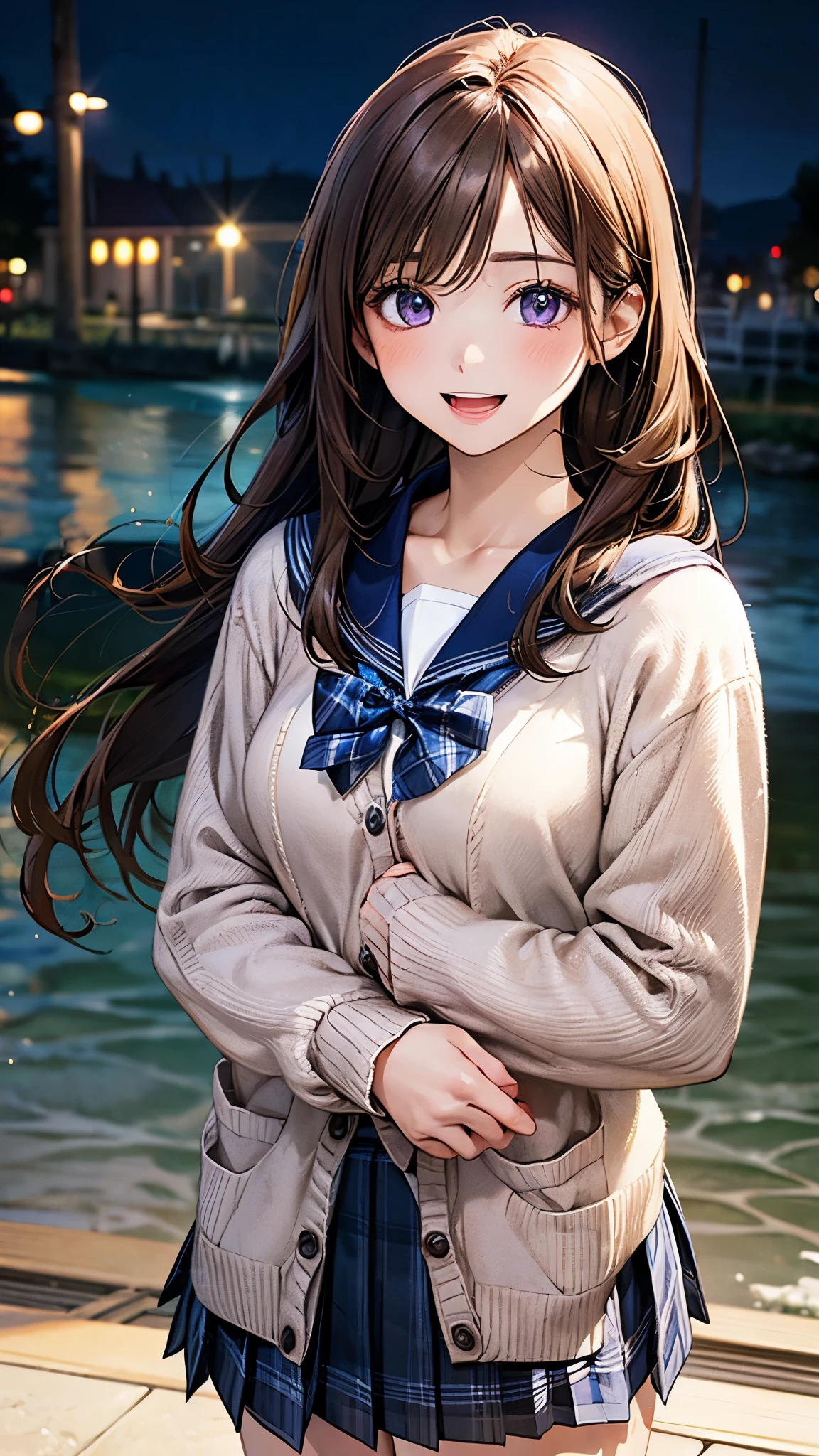 (masterpiece:1.2, top-quality), (realistic, photorealistic:1.4), beautiful illustration, (natural side lighting, movie lighting),
looking at viewer, 1 girl, japanese, junior high school girl, 12 years old, perfect face, cute and symmetrical face, shiny skin,
(long hair, straight hair, brown hair), swept bangs, purple hairpin, white hairpin, purple eyes, big eyes, long eye lasher, (medium breasts:0.5),
beautiful hair, beautiful face, beautiful detailed eyes, beautiful clavicle, beautiful body, beautiful chests, beautiful thigh, beautiful legs, beautiful fingers,
((detailed cloth texture, (overly long sleeves light brown cardigan, closed cardigan), long sleeves blue cute sailor suit, blue pleated skirt, white sailor, blue plaid bow tai)),
(beautiful scenery), evening, (riverside), standing, arm up, (cute, lovely smile, open mouth),