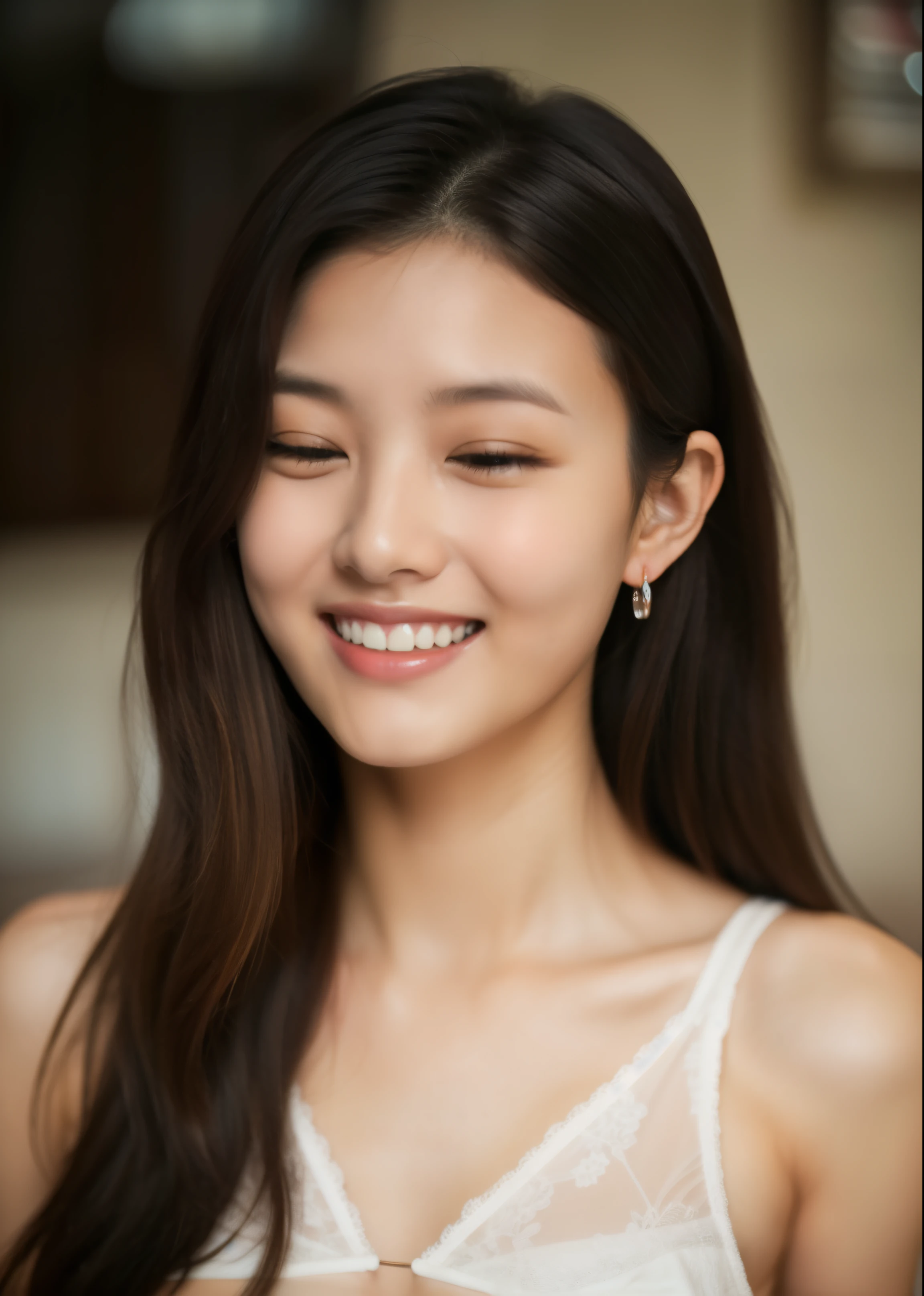 beautiful 22 year old woman。She wears a camisole。Lace on the chest and hem.。She looks ecstatic as if she had an orgasm during sex..。her dark brown hair、、her hair is long。High resolution、masterpiece、highest quality、Head w:1.0、((Hasselblad Photos))、fine skin、fine knit、(movie lighting)、clavicle . she has her eyes closed、laughing.