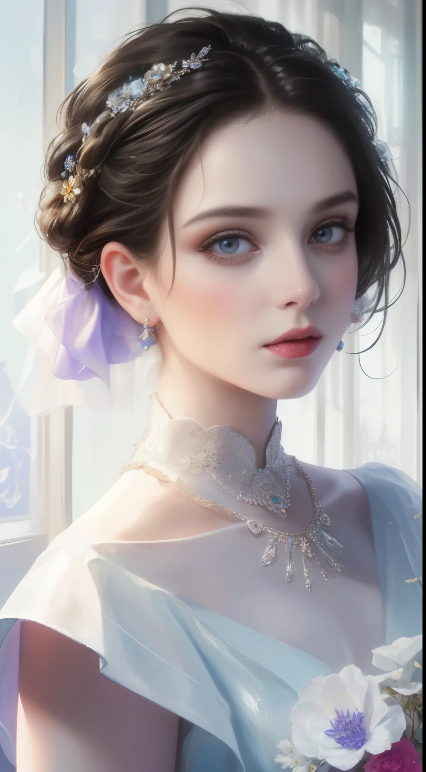 (best quality,masterpiece:1.2),18-year-old noble girl's beautiful portrait,classic braided hair,bright and clear eyes,flower arrangement craft,crystal jewelry,ultra-fine details,soft lighting,portrait style,vibrant colors