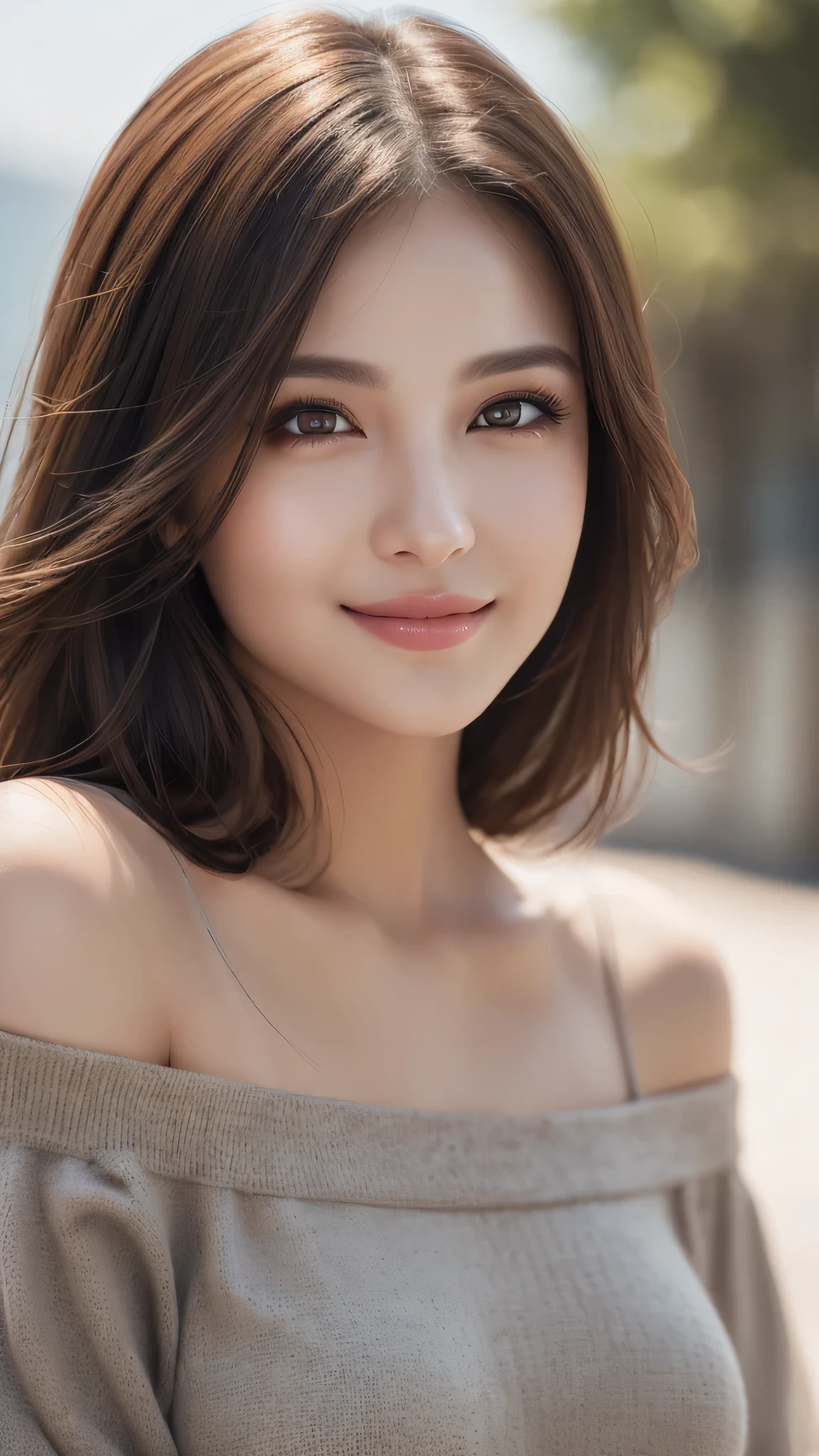 1woman, (Ultra realistic, high res), (highly detailed eyes, highly detailed hair, highly detailed face, highly detailed plump lips), (off shoulder), upper body, caute smile, (best quality:1.4), Raw photo, (realistic, photo-realistic:1.37), professional photography, cinematic light, (fine face: 1.2),