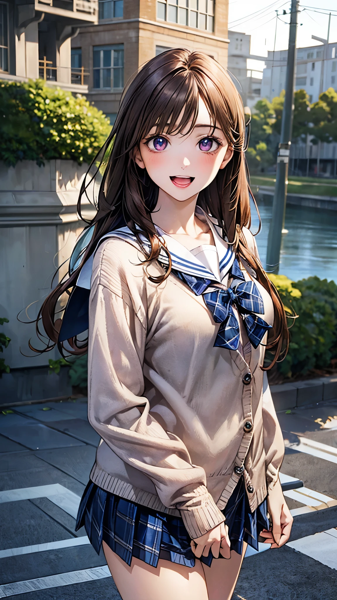 (masterpiece:1.2, top-quality), (realistic, photorealistic:1.4), beautiful illustration, (natural side lighting, movie lighting), 
looking at viewer, 1 girl, japanese, junior high school girl, 12 years old, perfect face, cute and symmetrical face, shiny skin, 
(long hair, straight hair, brown hair), swept bangs, (purple hairpin, white hairpin), purple eyes, big eyes, long eye lasher, (medium breasts:0.5), 
beautiful hair, beautiful face, beautiful detailed eyes, beautiful clavicle, beautiful body, beautiful chests, beautiful thigh, beautiful legs, beautiful fingers, 
((detailed cloth texture, (overly long sleeves light brown cardigan, closed cardigan), long sleeves blue cute sailor suit, blue pleated skirt, white sailor collar, blue plaid bow tai)), 
(beautiful scenery), evening, (riverside), standing, arm up, (cute, lovely smile, open mouth), 
