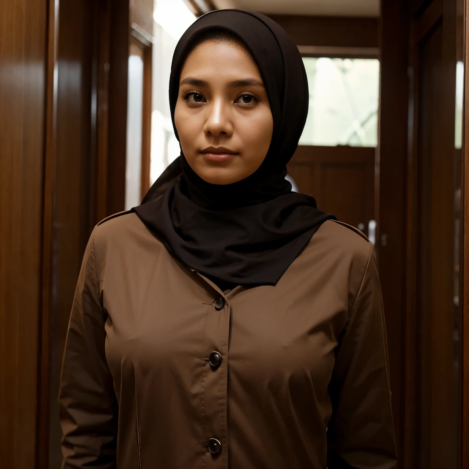 a woman in brown uniform with dark brown hijab, indonesian, 40 years old