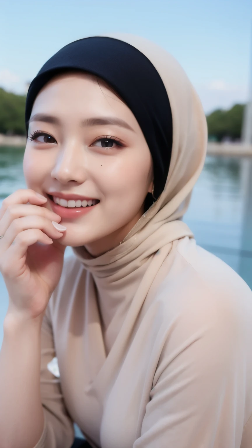 Black hijab collor, ((Best quality, 8k, Masterpiece :1.37)), (wear hijab girls), girls wear hijab, (girls wearing hijab moslem), jewelry accessories, girls' rings, girls' mini necklaces, girls' watches, (taking pictures from face to thighs:1.37), beautiful face, face bukkake,  girls, hair black, ultra detailed face, ultra detailed body, slim body, lips smile,Beautiful detailed eyes, eyes korean, detailed nose, Natural Lip, ((Lips Smile)), face smile, Wear hijab moslem, fancy jubba thobbe, (photo full body), lview of the blue sky, Slim Body, body erotic, realistic face, backround people hijab 