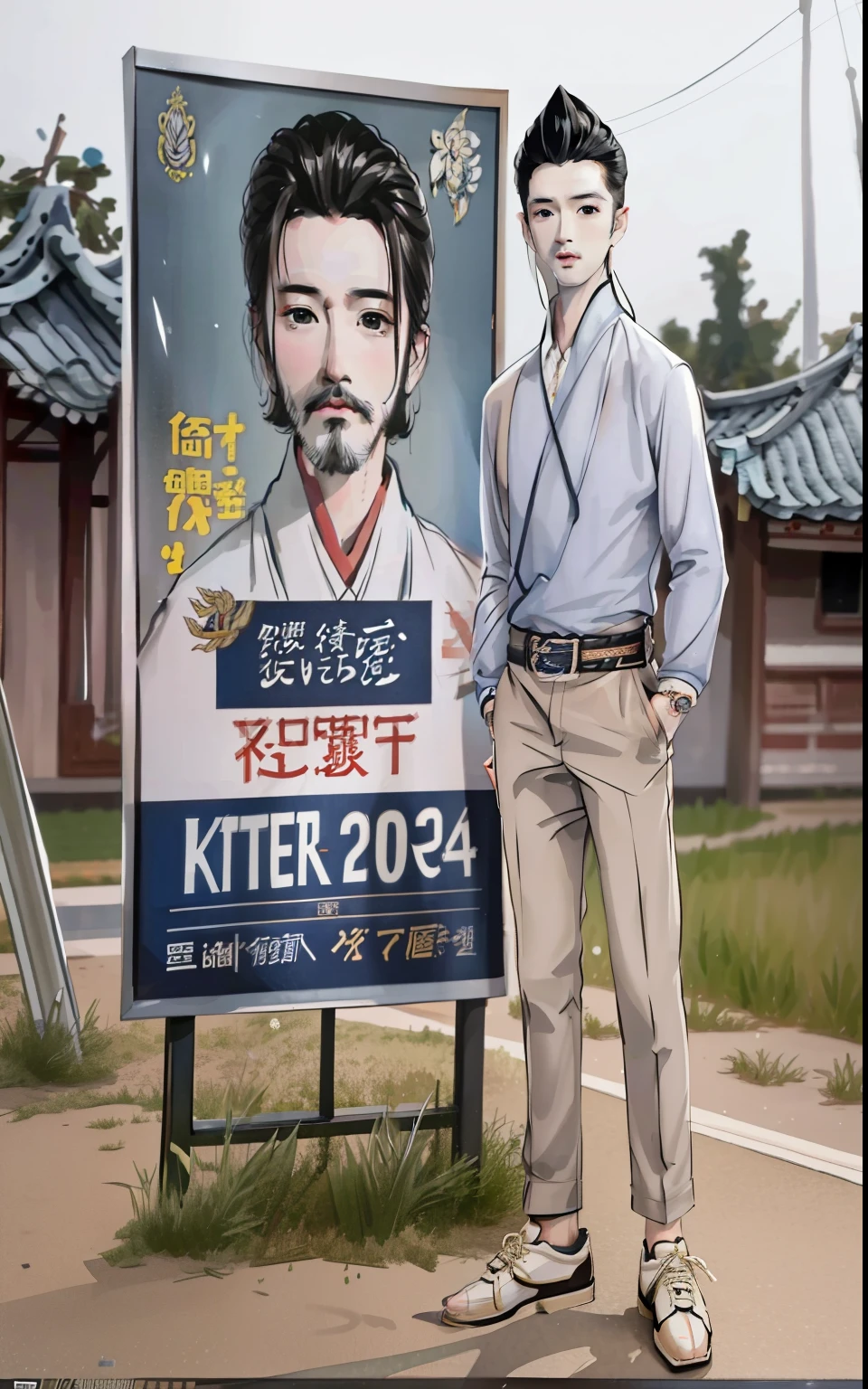 there is a man standing next to a poster of a man, election poster, inspired by Ni Yuanlu, hyperrealistic n- 4, inspired by Adam Dario Keel, realism artstyle, inspired by Yang Borun, ad campaign, inspired by Ding Yunpeng, in style of davey adesida, nft portrait, style kim jung gi