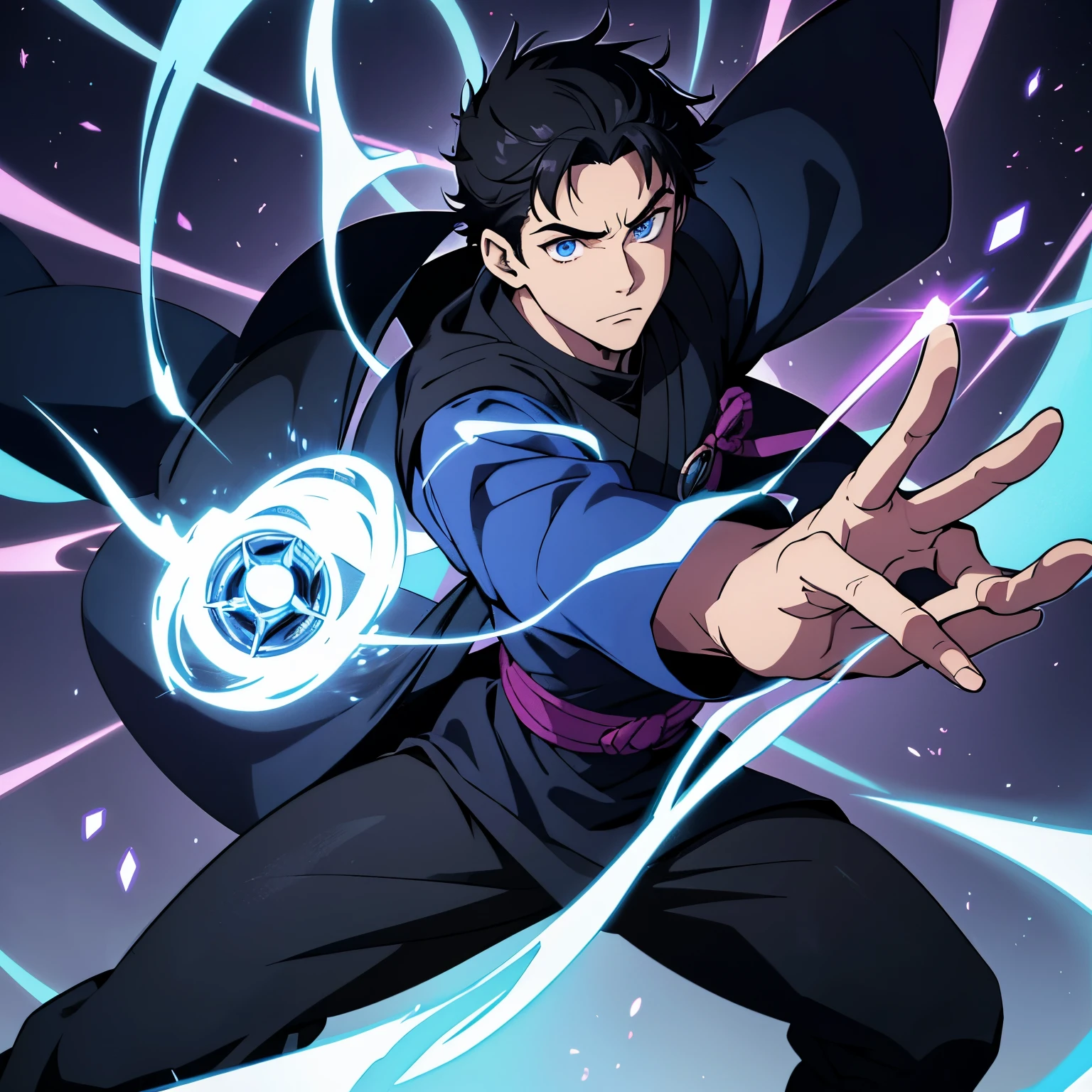 Jujutsu Sorcerer, Male, , black medium hair, light blue eyes, black and purple clothes