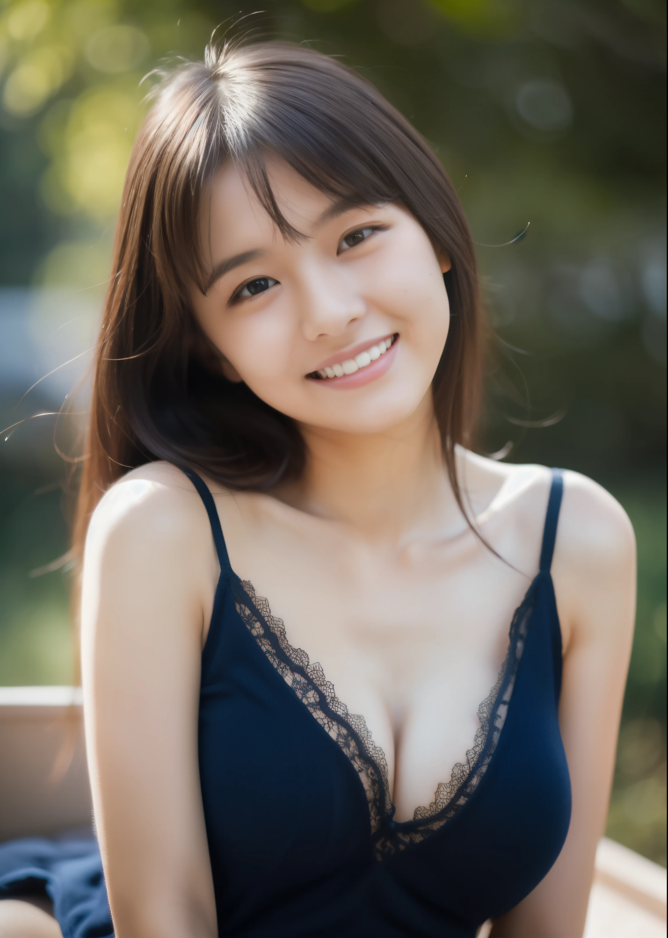beautiful 22 year old woman。She wears a camisole。Lace on the chest and hem.。She looks ecstatic as if she had an orgasm during sex..。her dark brown hair、、her hair is long。High resolution、masterpiece、highest quality、Head w:1.0、((Hasselblad Photos))、fine skin、fine knit、(movie lighting)、clavicle . she is smiling.