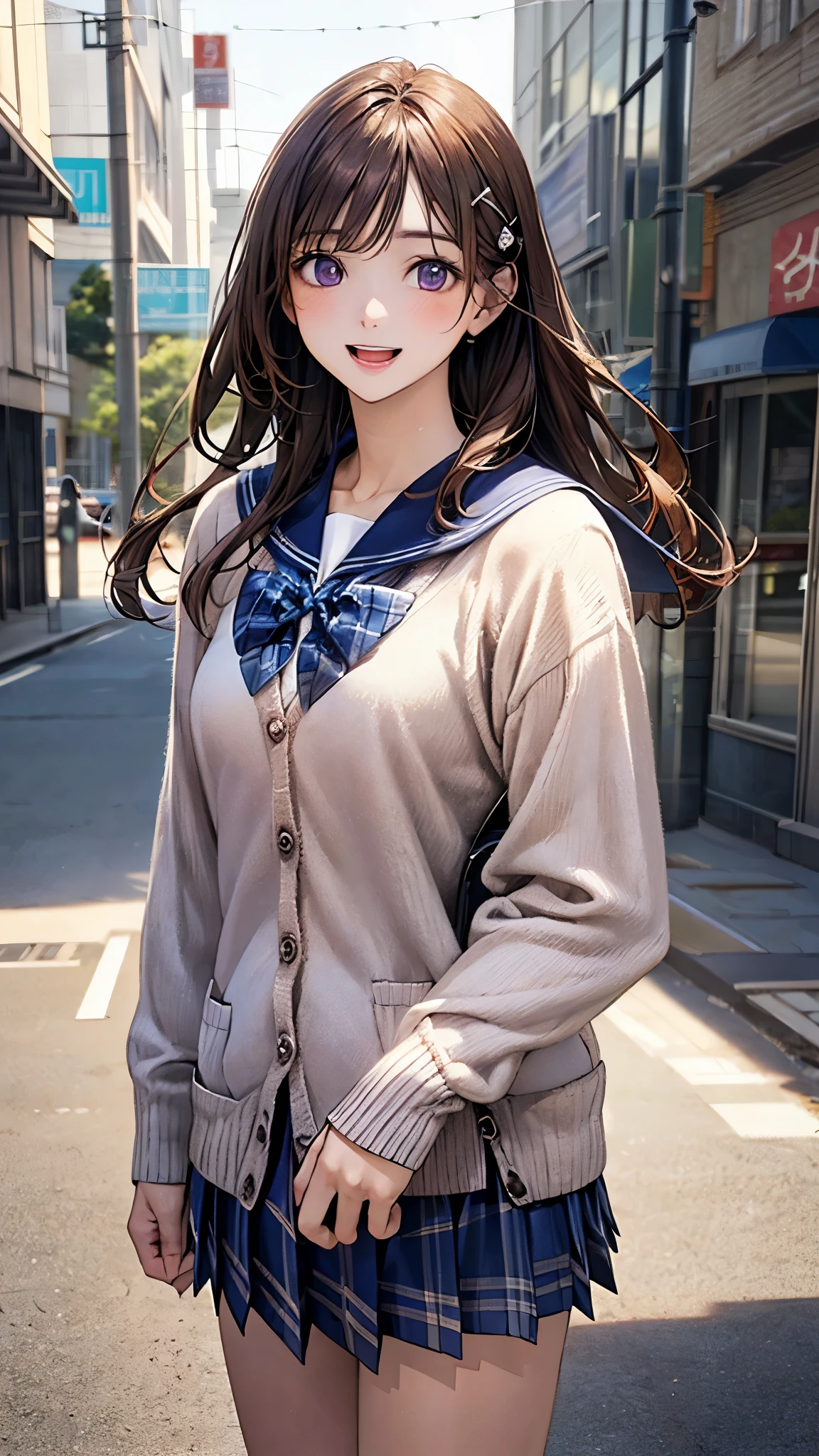 (masterpiece:1.2, top-quality), (realistic, photorealistic:1.4), beautiful illustration, (natural side lighting, movie lighting), 
looking at viewer, 1 girl, japanese, junior high school girl, 12 years old, perfect face, cute and symmetrical face, shiny skin, 
(long hair, straight hair, sideburns, brown hair), swept bangs, (purple hairpin, white hairpin), purple eyes, big eyes, long eye lasher, (medium breasts:0.5), 
beautiful hair, beautiful face, beautiful detailed eyes, beautiful clavicle, beautiful body, beautiful chests, beautiful thigh, beautiful legs, beautiful fingers, 
((detailed cloth texture, (overly long sleeves light brown cardigan, closed cardigan), long sleeves blue cute sailor suit, blue pleated skirt, white sailor collar, blue plaid bow tai)), 
(beautiful scenery), evening, (down town), standing, (arm up), (cute, lovely smile, open mouth), 