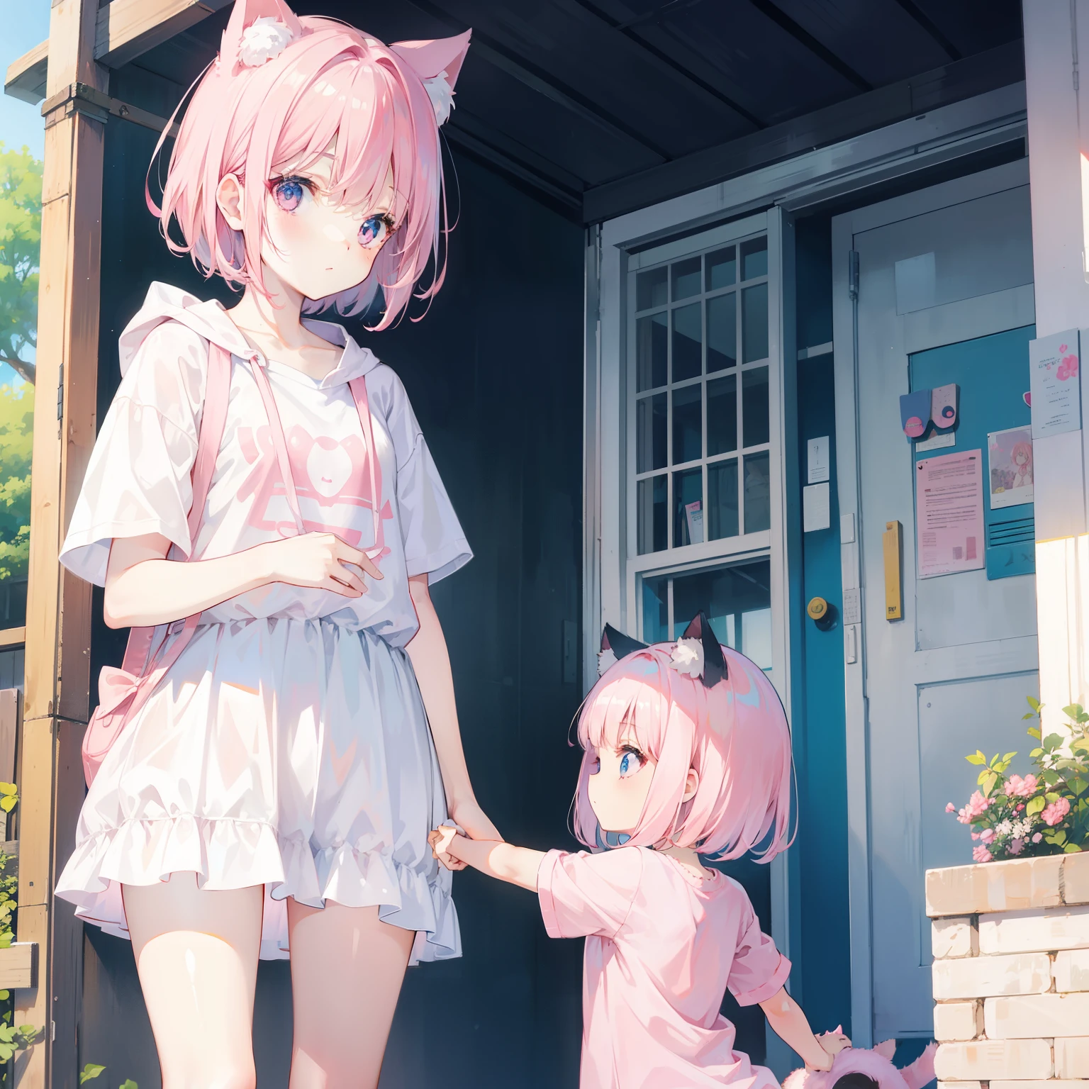 Transparent pink short hair，Milky ultra light pink clothes，light pink student，super cute sweet girl、1 girl、Childish clothes、Cat ear