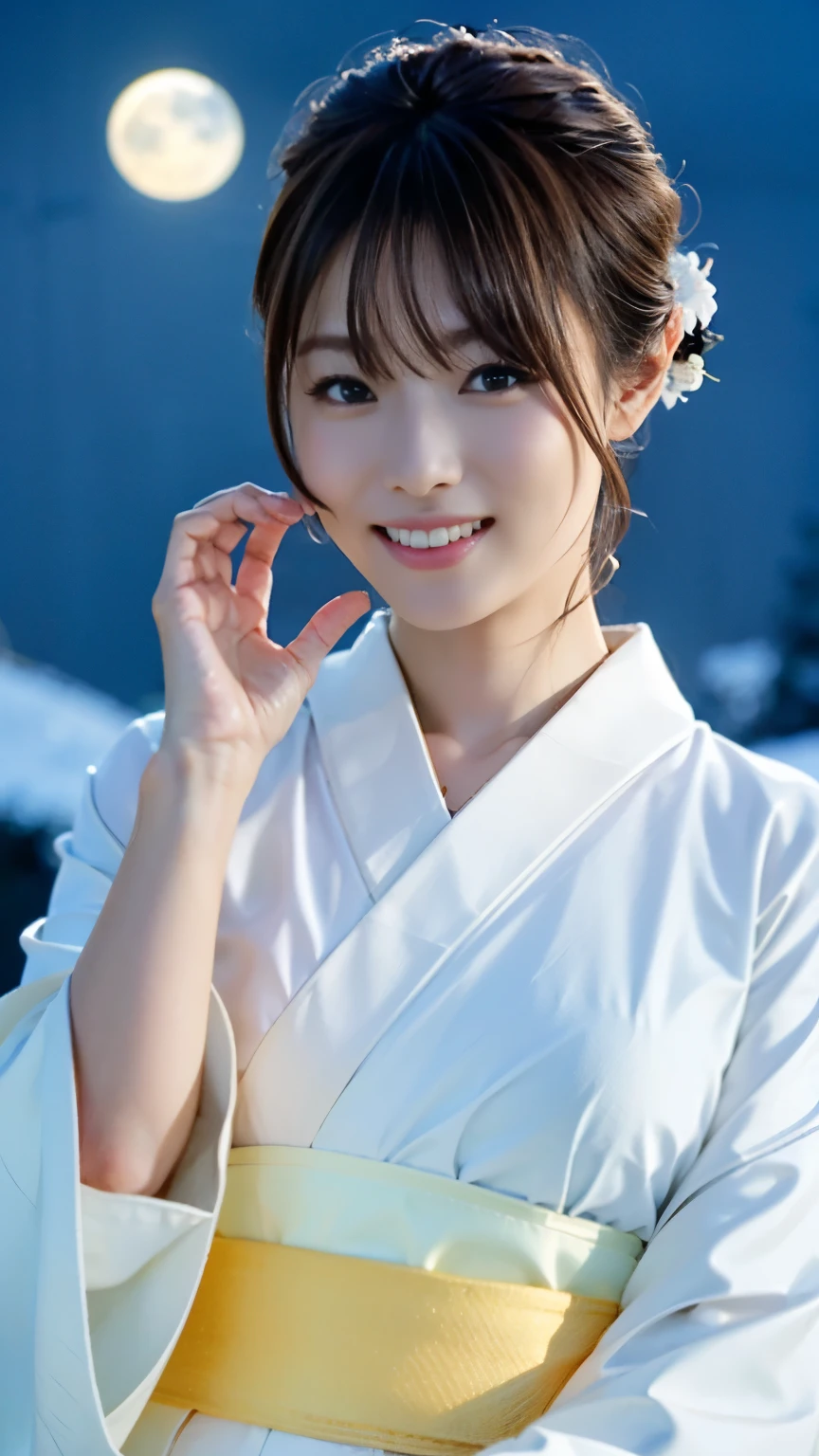 A beautiful woman standing on a snowy mountain at night wearing a pure white thin kimono that shows little skin.,(((In the moonlight of a blizzard, a snow woman looking good in a plain white kimono is staring at me and touching my hand.))),Full body shot from high up in the sky,best image quality,professional angle of view,Exceptional detail,Super high resolution,realistic:1.4),high detail,focus on details,1girl concentrated in high concentration,long hair,delicate and beautiful face,white small string bikini,Long limbs and slim waist like a model,White Pin Heels,The best smile with raised eyebrows and corners of the mouth,