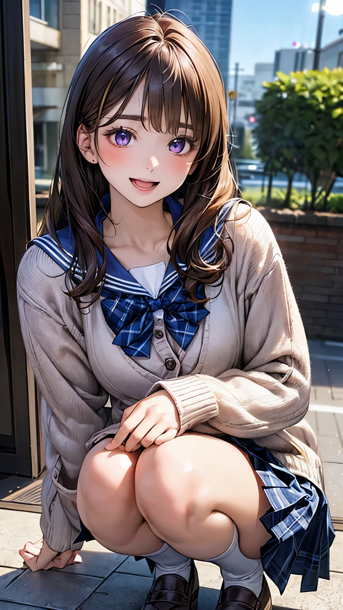 (masterpiece:1.2, top-quality), (realistic, photorealistic:1.4), beautiful illustration, (natural side lighting, movie lighting), 
looking at viewer, 1 girl, japanese, junior high school girl, 12 years old, perfect face, cute and symmetrical face, shiny skin, 
(long hair, straight hair, sideburns, brown hair), swept bangs, (purple hairpin, white hairpin), purple eyes, big eyes, long eye lasher, (medium breasts:0.5), 
beautiful hair, beautiful face, beautiful detailed eyes, beautiful clavicle, beautiful body, beautiful chests, beautiful thigh, beautiful legs, beautiful fingers, 
((detailed cloth texture, (overly long sleeves light brown cardigan, closed cardigan), long sleeves blue cute sailor suit, blue pleated skirt, white sailor collar, blue plaid bow tai)), 
(beautiful scenery), evening, (down town), squatting, (cute, lovely smile, open mouth), 