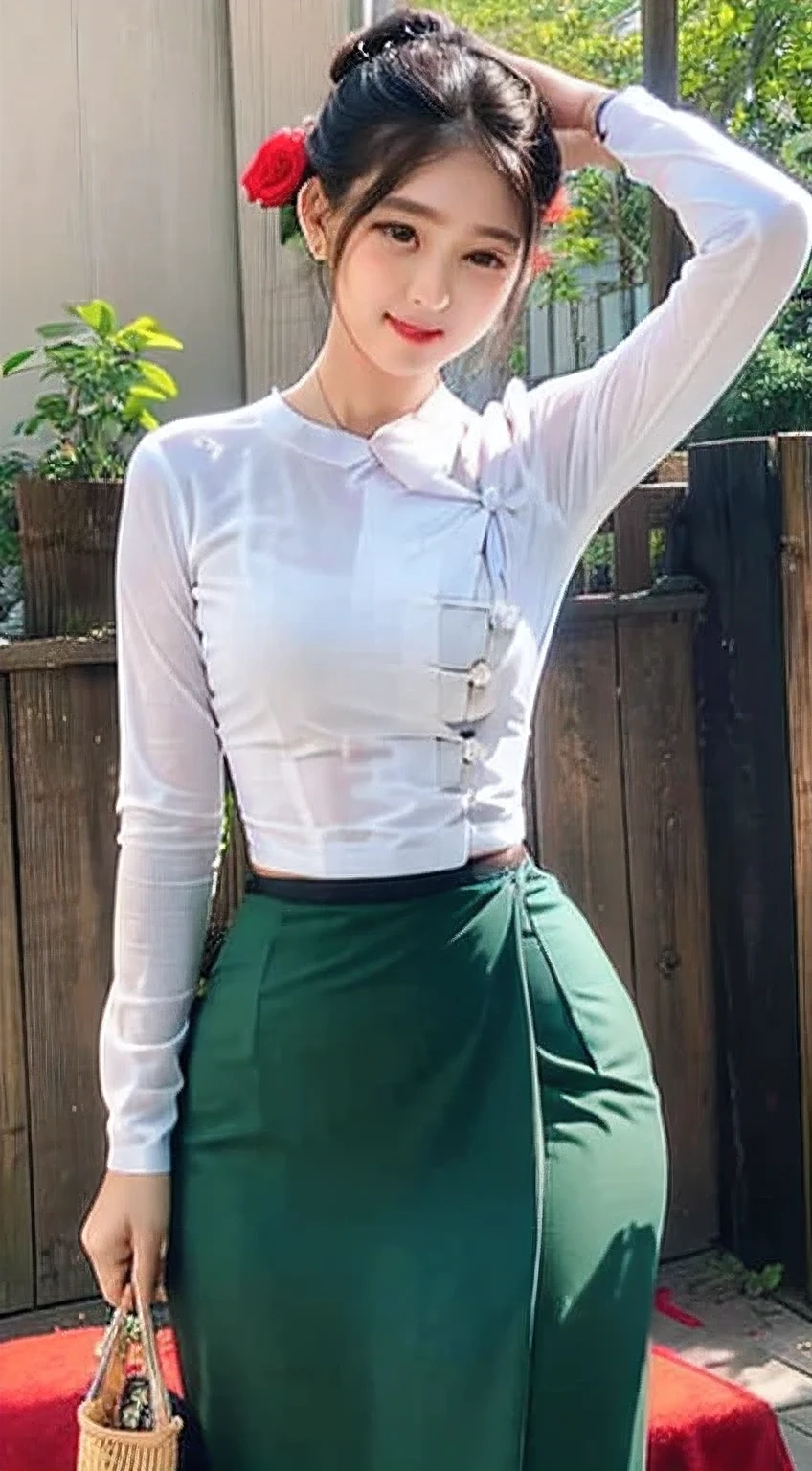 photorealistic, high resolution, masterpiece, best quality ,ultra-detailed, 1women, hair bun , jesmine flower on the head,  mature female, solo, hips up, (wearing acmmsayarma outfit, acmmsayarma white top with buttons, long sleeves), ((acmmsayarma green long skirt))