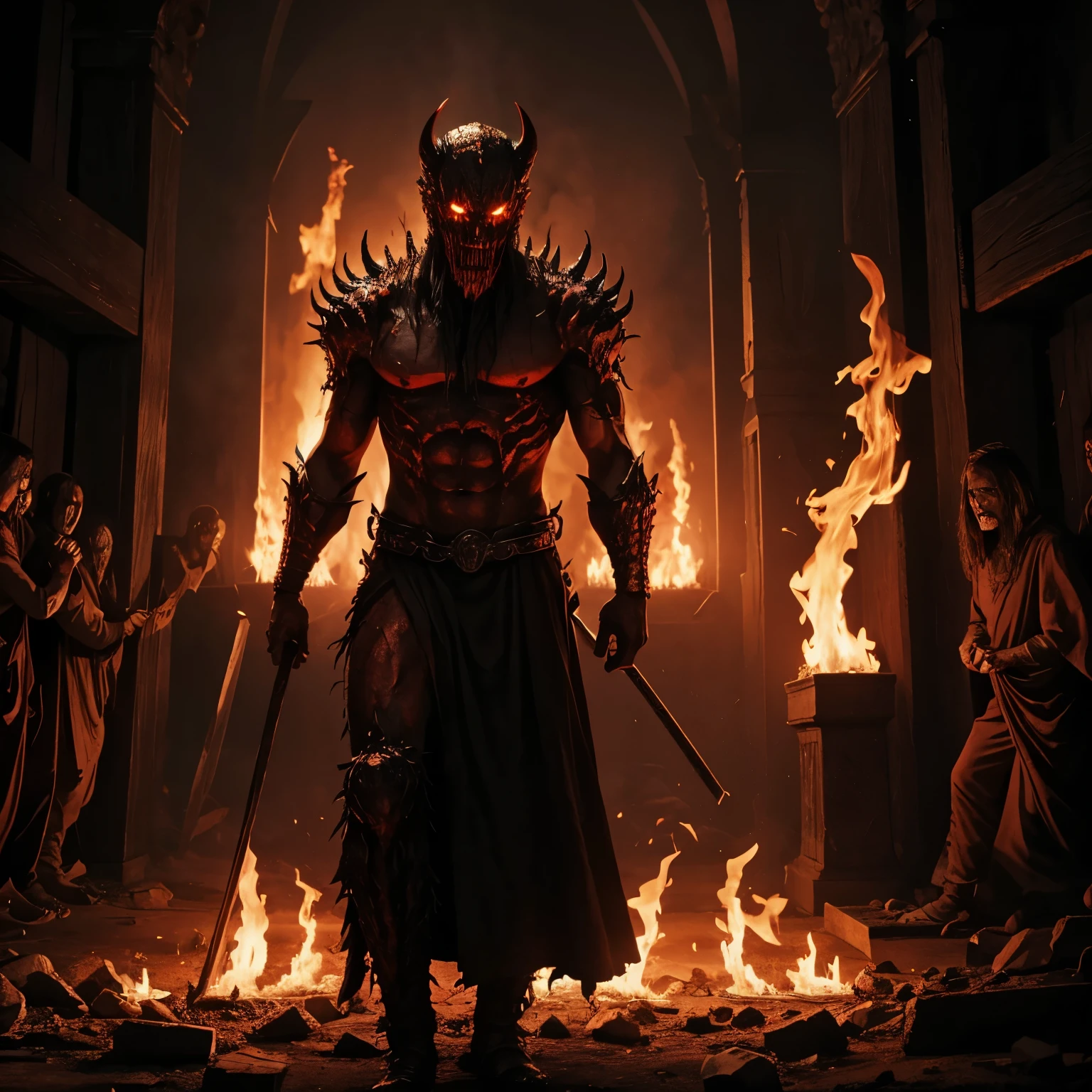 detailed of the appearance of a horror & terrible & redish fire hell within satans and all scared followers in the bible's perspective