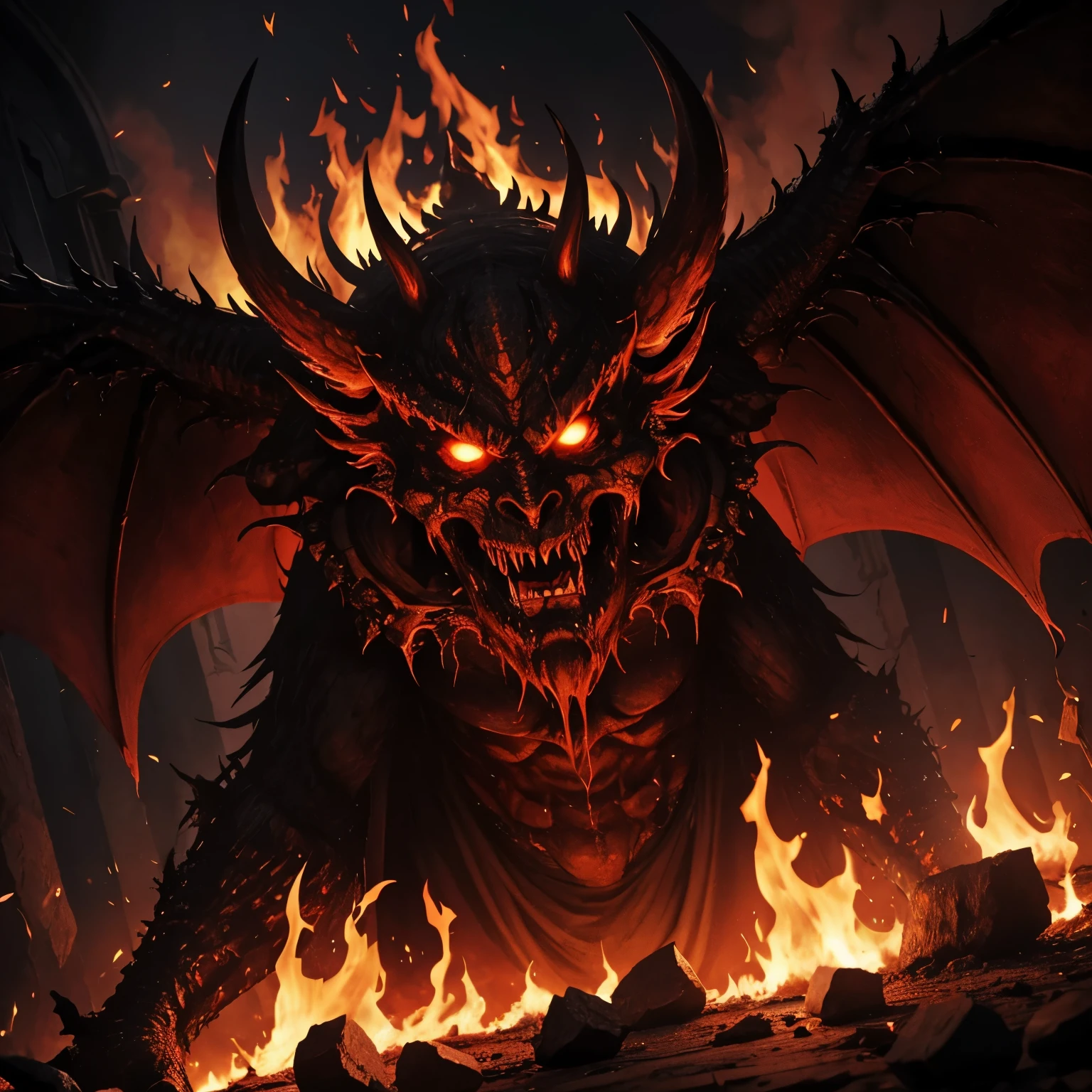 detailed of the appearance of a horror & terrible & redish fire hell within satans and all scared followers in the bible's perspective