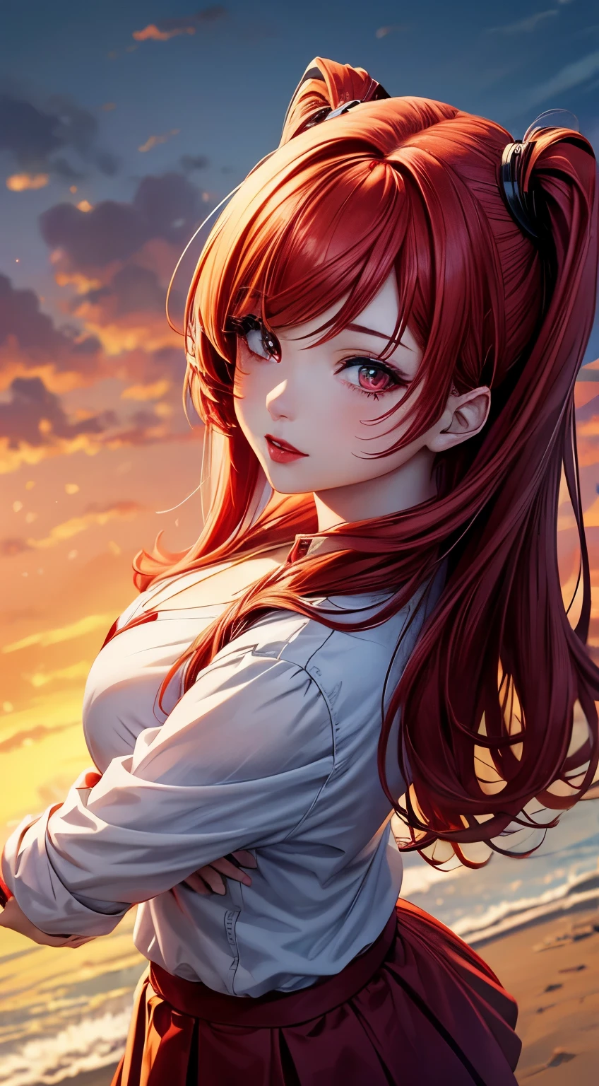 anime girl with red hair and red lipstick posing for a picture, stunning anime face portrait, beautiful anime portrait, realistic anime artstyle, detailed portrait of anime girl, anime realism style, girl, realistic young anime girl, detailed digital anime art, from above