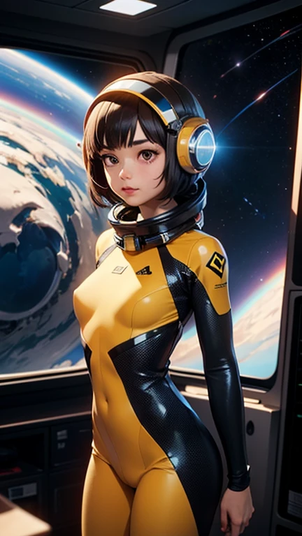 reathtaking full figure photorealism photo Space Girl, Chest plate on, Goggles on Forehead, Rubber Yellow bodysuit with Detail chrome details, very detailed, dynamic lighting, Outer space, Planets in background, Space glass of space ship behind her.symmetrical outfit. patch panels, computers, buttons, switches, screen, window with a view of outer space. wearing bubble helmet, face visible. high quality, photorealism, chromatic aberration, lens distortion, sharp focus, highest detail.
