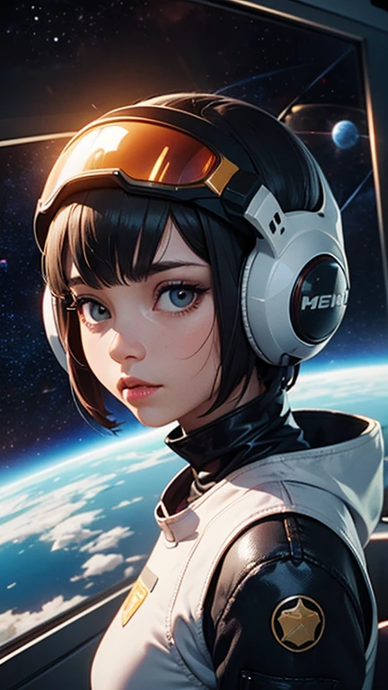 reathtaking full figure photorealism photo Space Girl, Chest plate on, Goggles on Forehead, Rubber Yellow bodysuit with Detail chrome details, very detailed, dynamic lighting, Outer space, Planets in background, Space glass of space ship behind her.symmetrical outfit. patch panels, computers, buttons, switches, screen, window with a view of outer space. wearing bubble helmet, face visible. high quality, photorealism, chromatic aberration, lens distortion, sharp focus, highest detail.