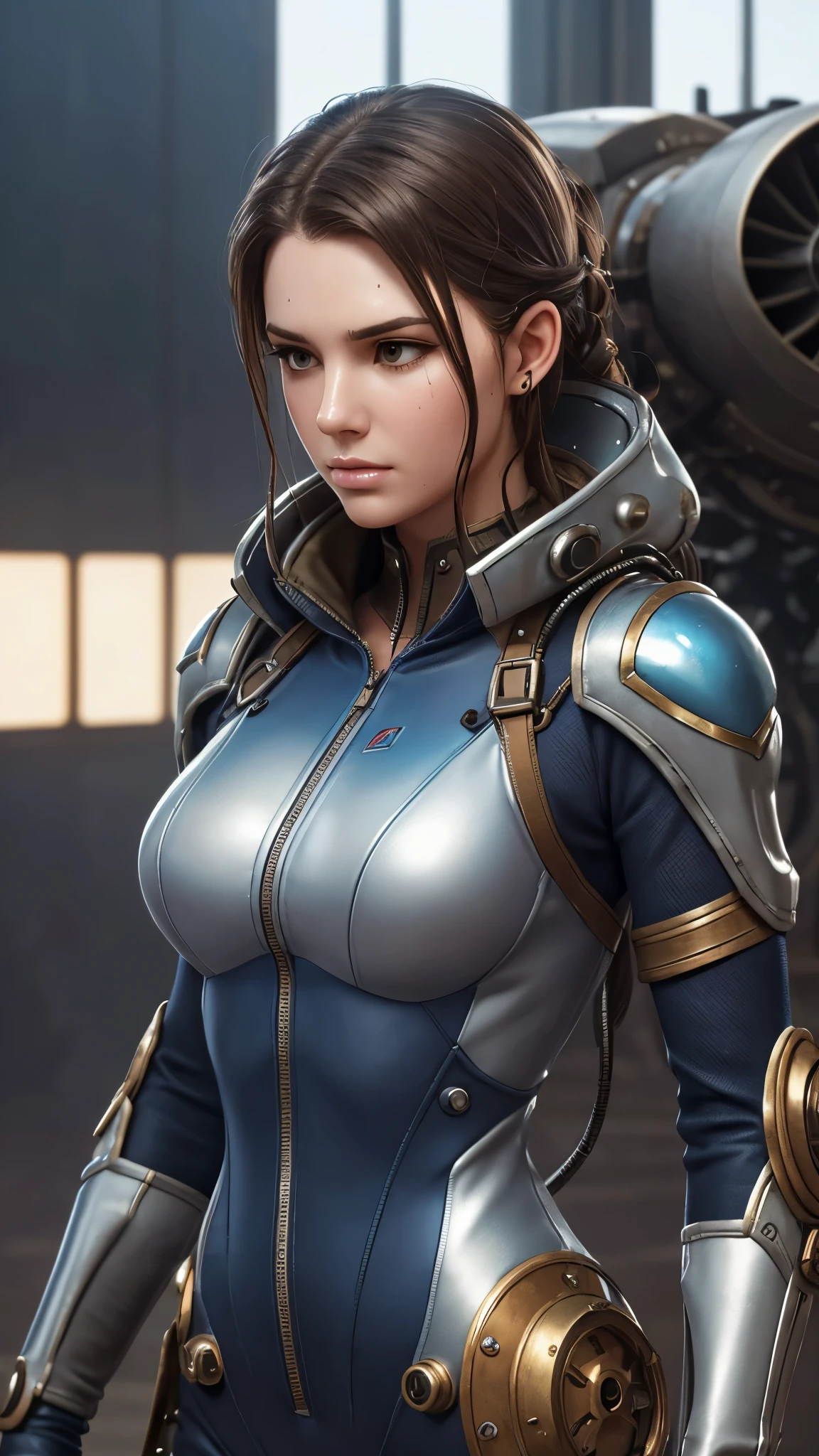 The image of the Alison Tyler as a pilot's girlfriend in a steampunk-style nanosuit on the background of a combat mech. Tired face, parted lips, beads of sweat on his forehead, wet hair. Medium plan, ultra realistic soft textures, high detail, sharp focus. Created using: the mood of relaxation after a hard battle, detailed swinsuit steampunk-style clothing and equipment, mechanisms, wires, shiny metal surfaces and frosted glass, visors, mech combat weapons, soft diffused lighting, realistic texture, reflective surfaces, soft neutral color gamut, Mysterious