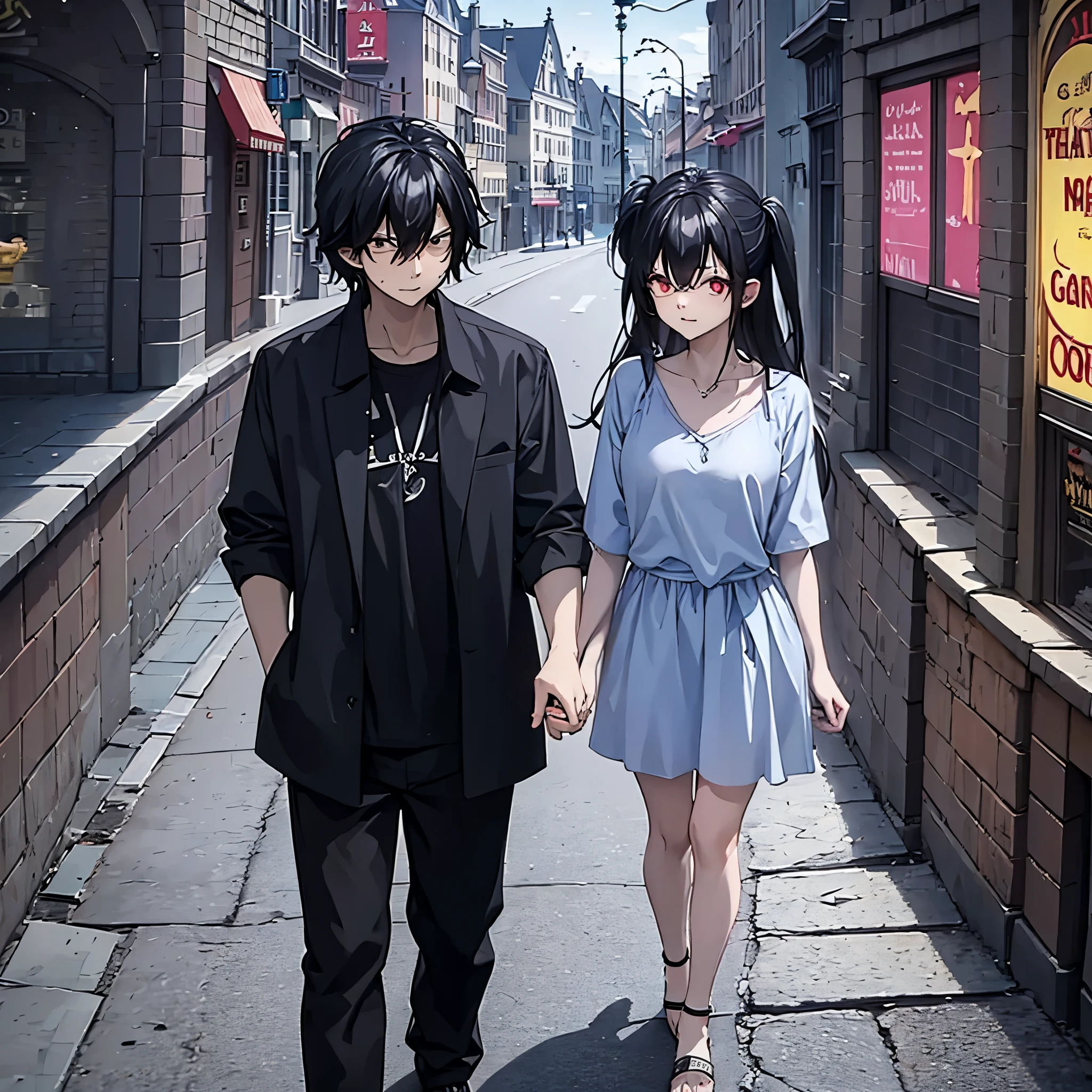 a man in black casual clothes together with his wife (eye red) in an amusement park with a daughter holding their hand