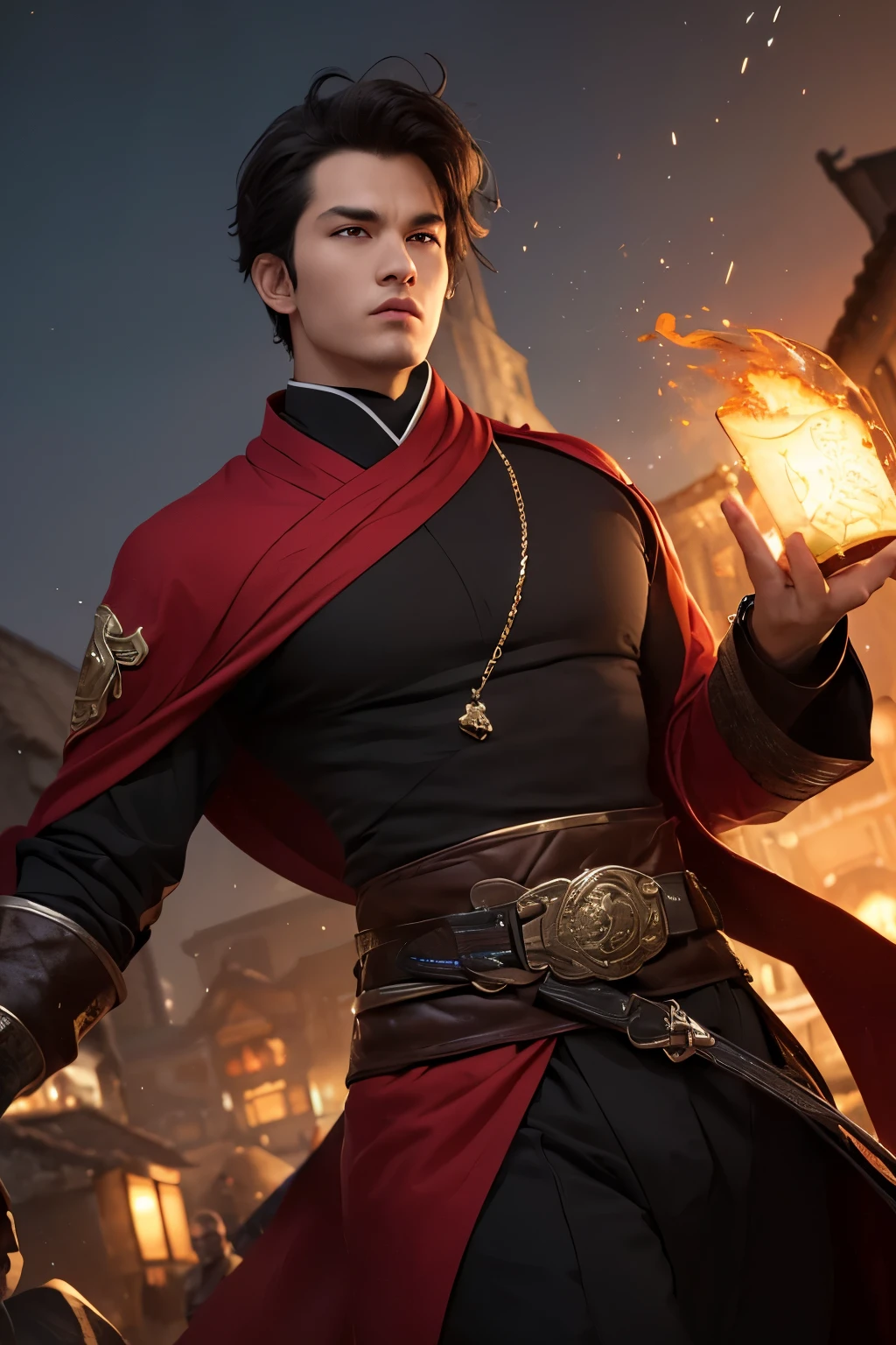 A young (age 25) bald monk, athletic, European features, in white fighting gi with platinum trim, energy with a dragon motif swirls around him, he is battling the undead in a village at night