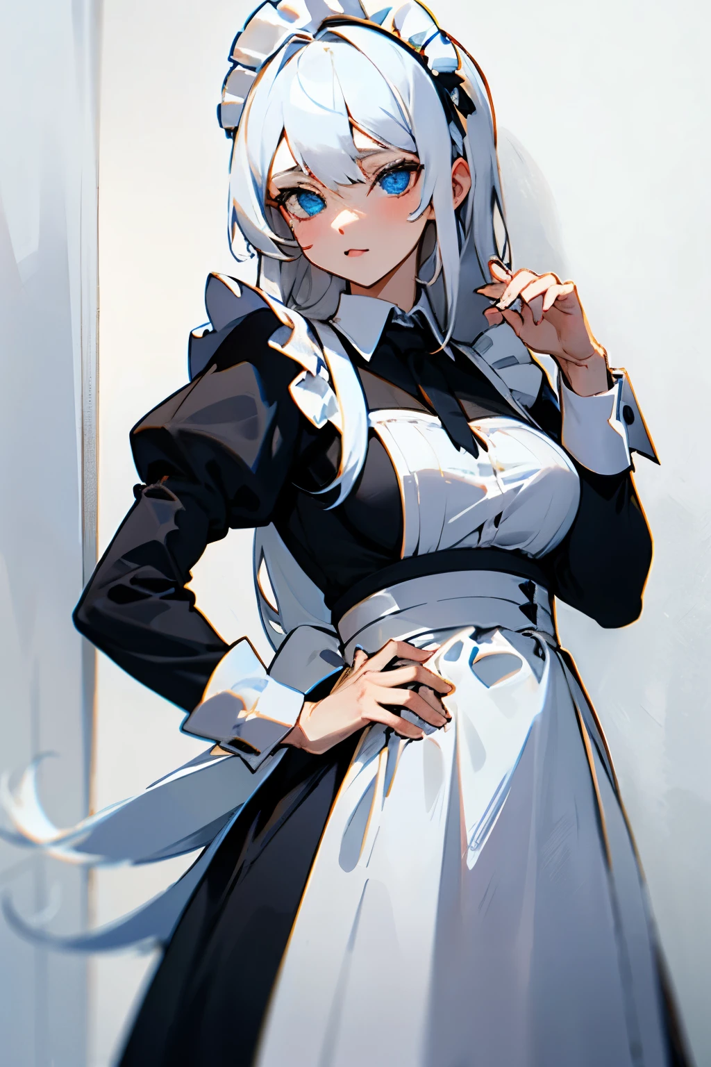 1 busty girl, White hair, long hair, Maid in Black, Dress appropriately, Blue eyese