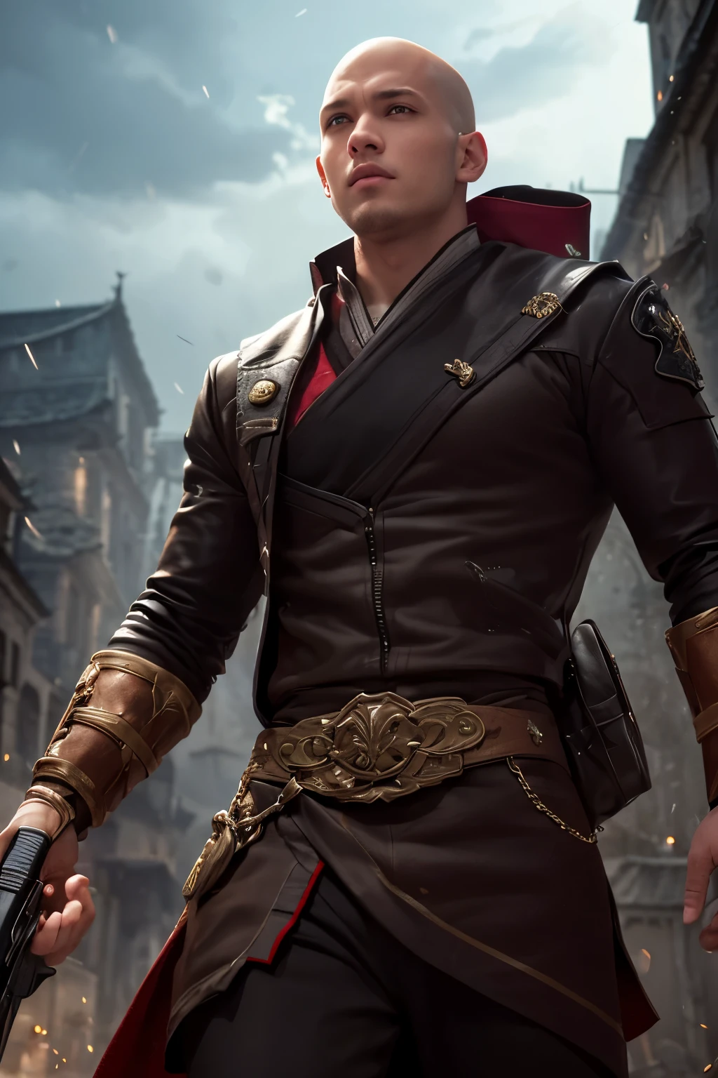 A young (age 25) bald monk, athletic, European features, in white fighting gi with platinum trim, energy with a dragon motif swirls around him, he is battling the undead in a village at night