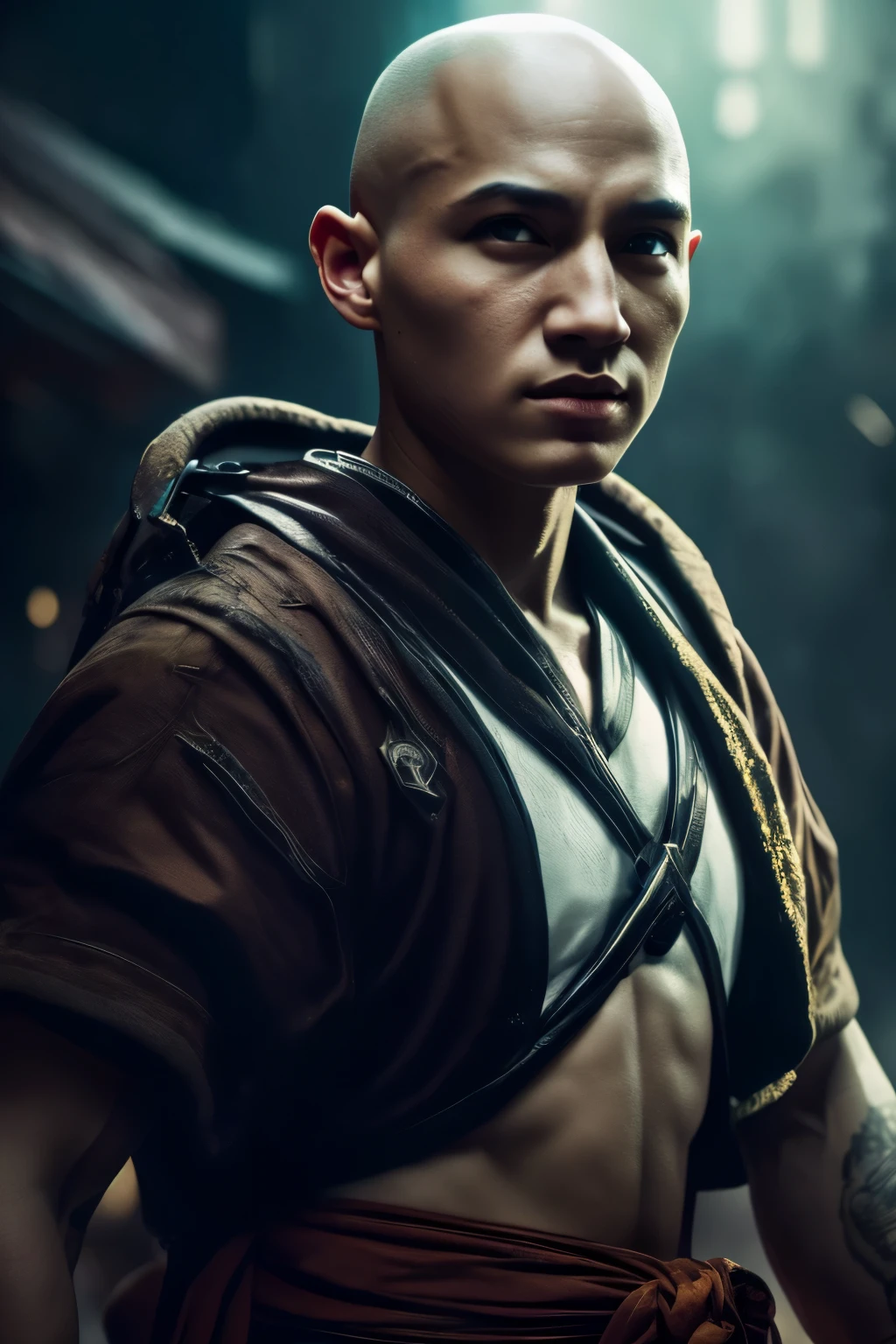 A young bald monk, athletic, European features, in a white fighting gi with platinum trim, energy with a dragon motif swirls around him, he is battling the undead in a village at night. (best quality,4k,8k,highres,masterpiece:1.2),ultra-detailed,(realistic,photorealistic,photo-realistic:1.37),HDR,UHD,studio lighting,ultra-fine painting,sharp focus,physically-based rendering,extreme detail description,professional,vivid colors,bokeh,portraits,landscape,horror,anime,sci-fi,photography,concept artists,dark-toned lighting